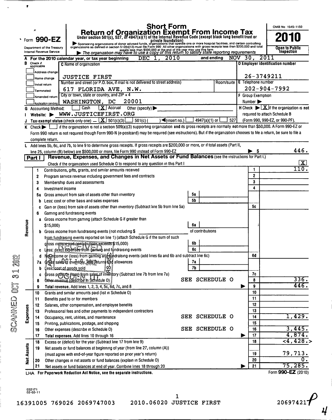 Image of first page of 2010 Form 990EZ for Justice First