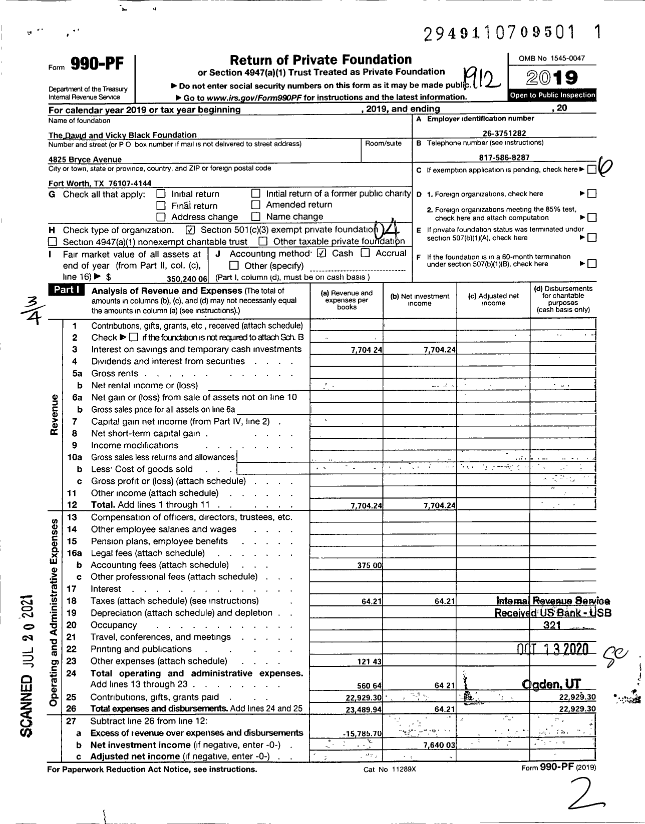 Image of first page of 2019 Form 990PF for The David and Vicky Black Foundation