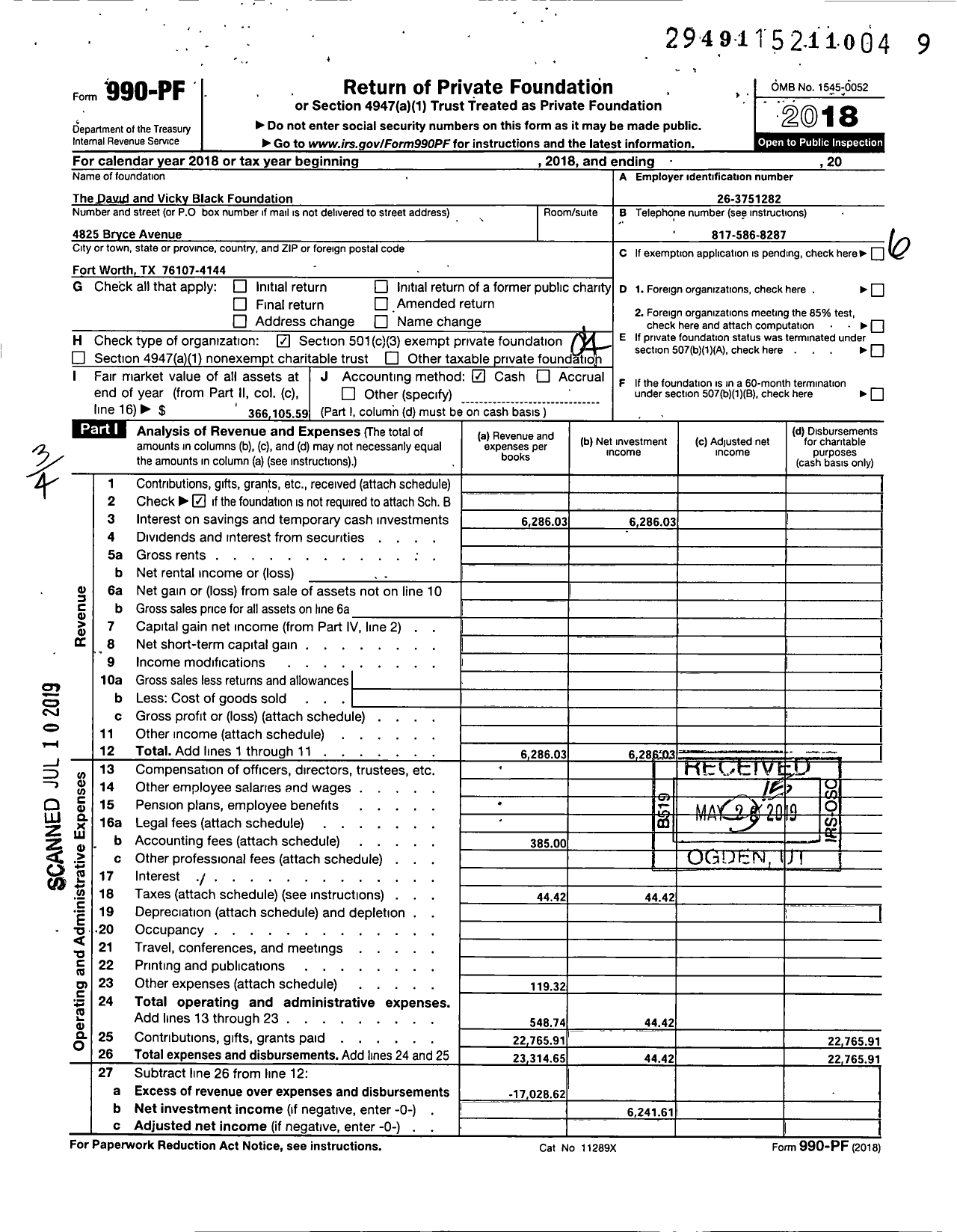 Image of first page of 2018 Form 990PF for The David and Vicky Black Foundation