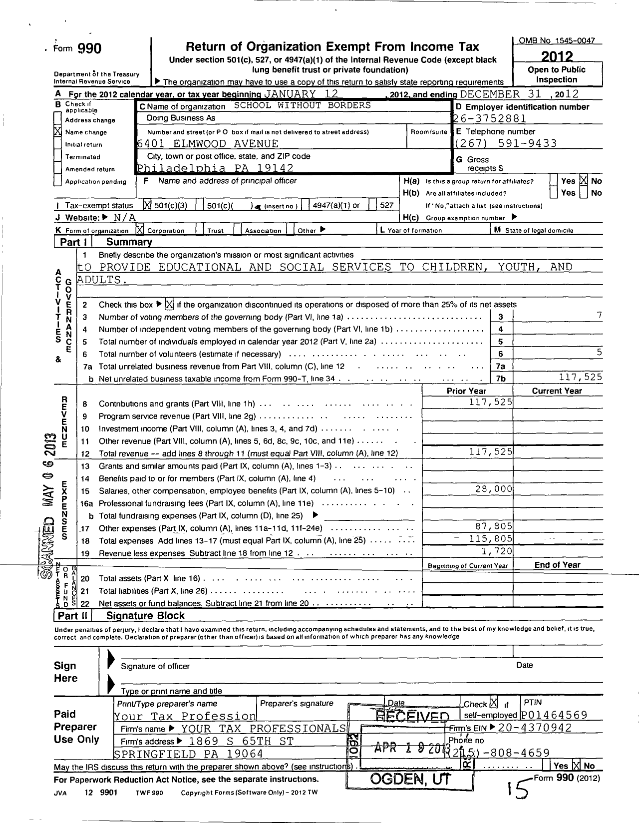 Image of first page of 2012 Form 990 for Schools Without Borders