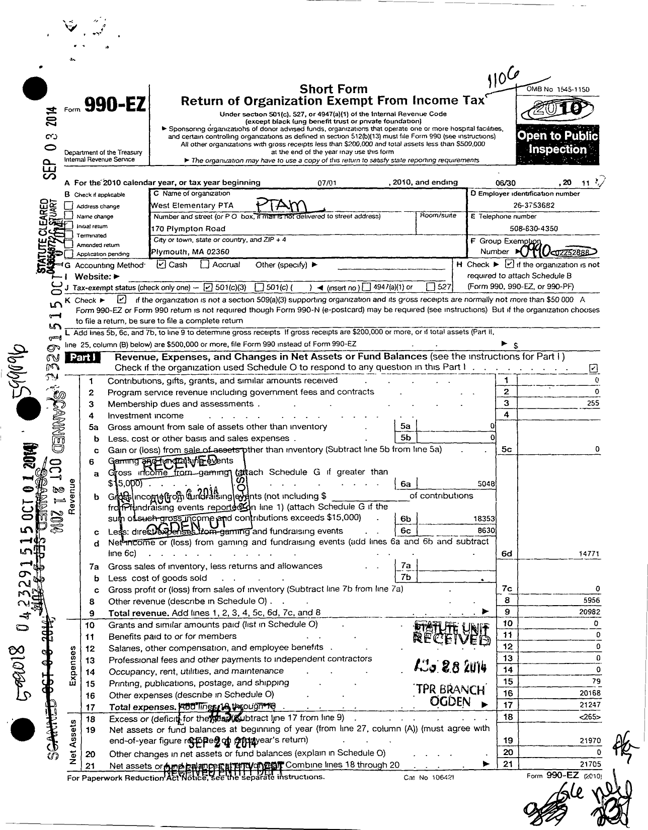 Image of first page of 2010 Form 990EZ for PTA Massachusetts Parent Teacher Association / West Elementary PTA