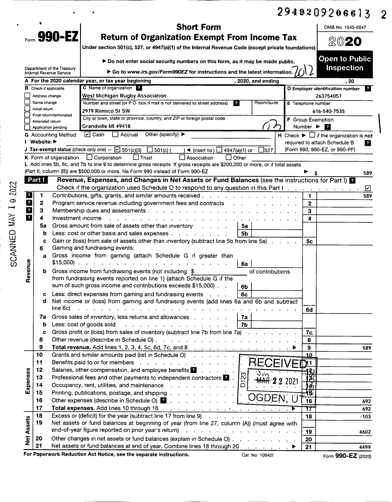 Image of first page of 2020 Form 990EZ for West Michigan Rugby Association