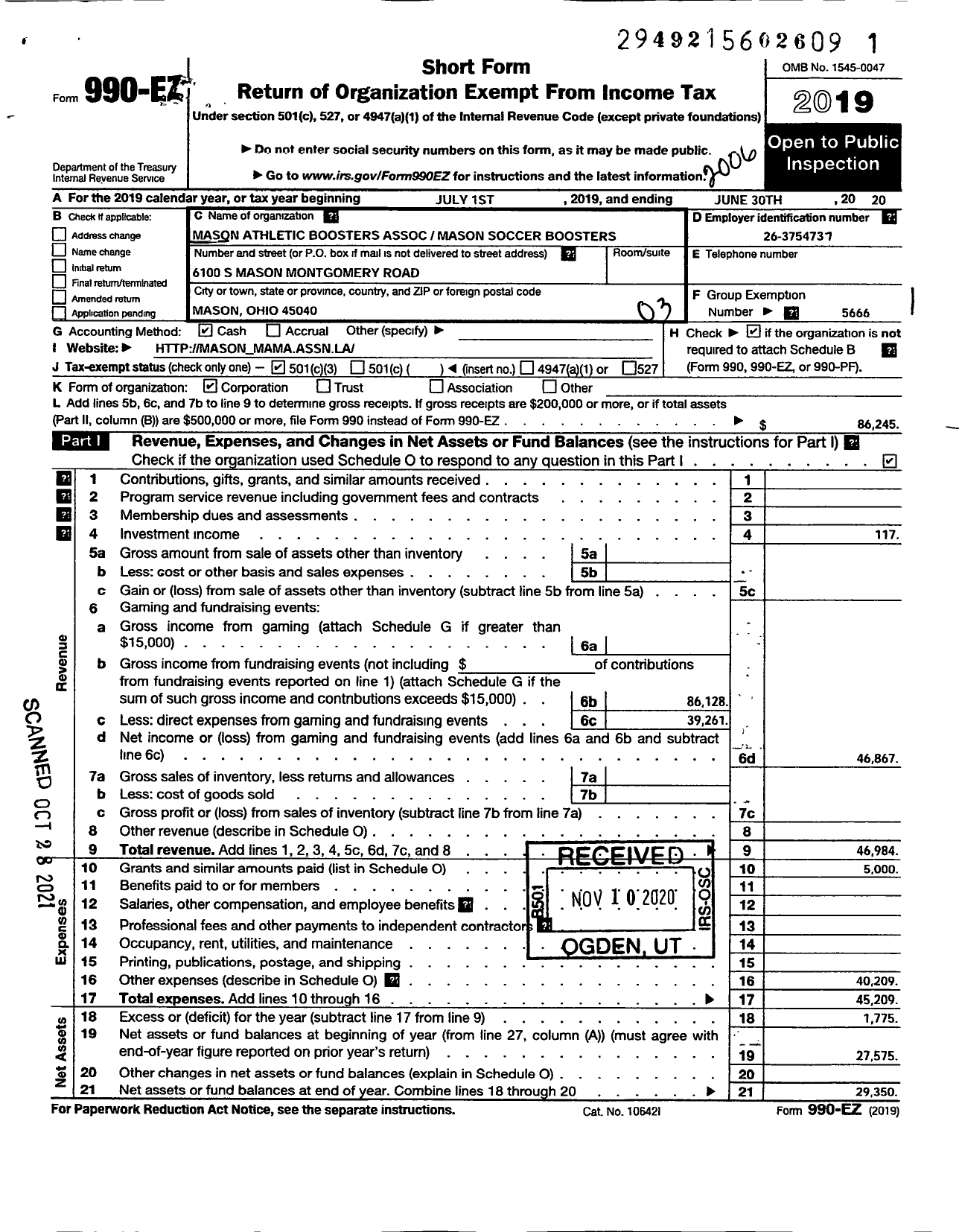 Image of first page of 2019 Form 990EZ for Mason Athletic Booster Association