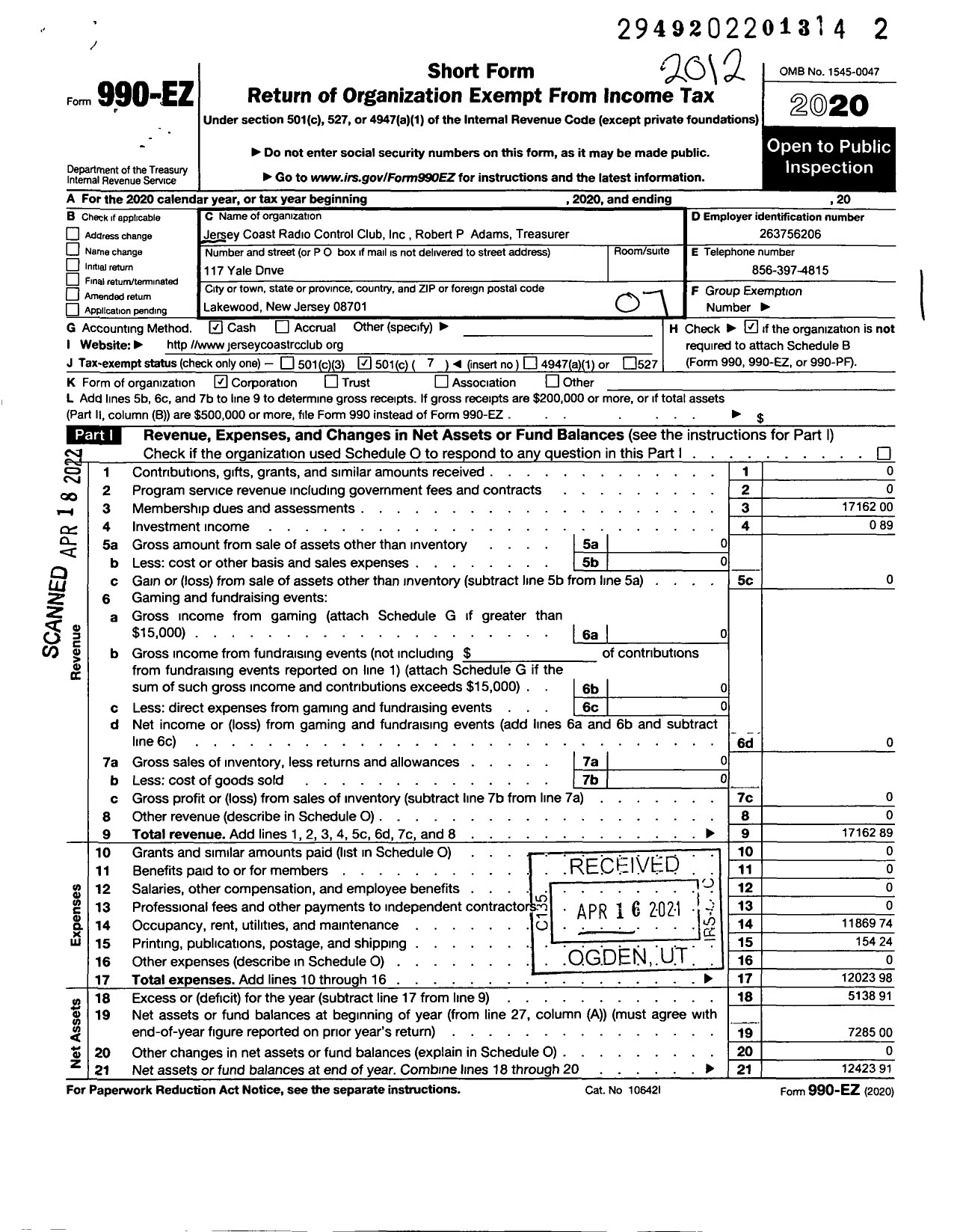 Image of first page of 2020 Form 990EO for Jersey Coast Radio Control Club