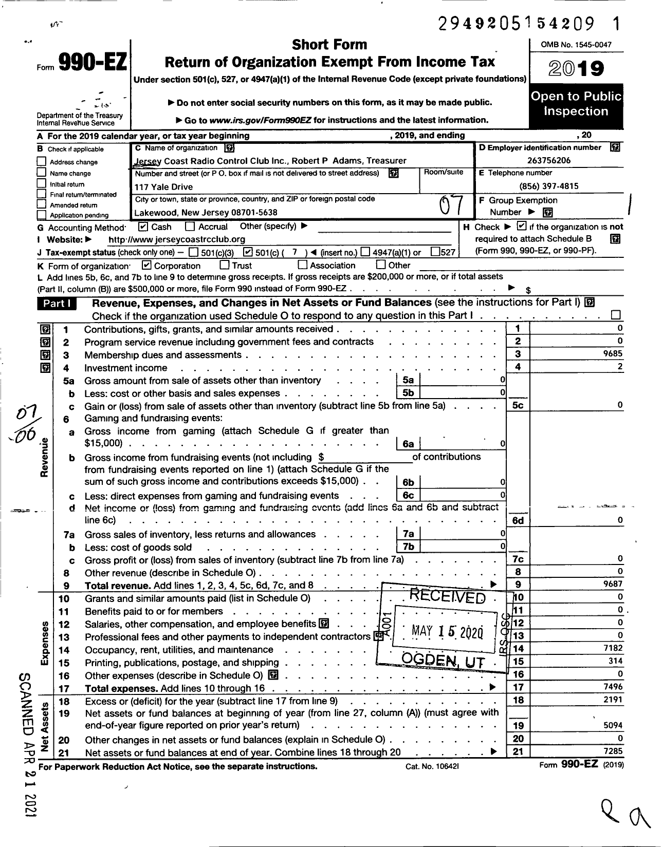 Image of first page of 2019 Form 990EO for Jersey Coast Radio Control Club