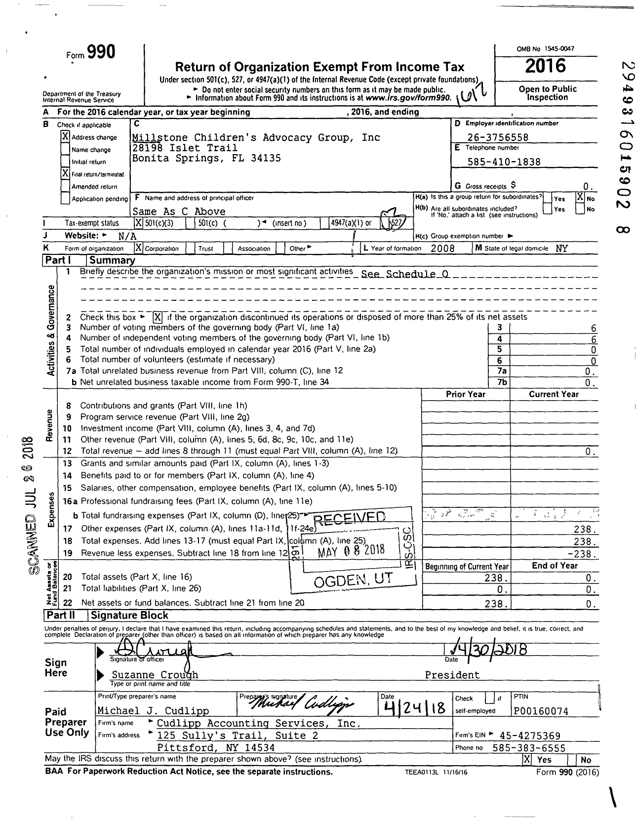 Image of first page of 2016 Form 990 for Millstone Childrens Advocacy Group