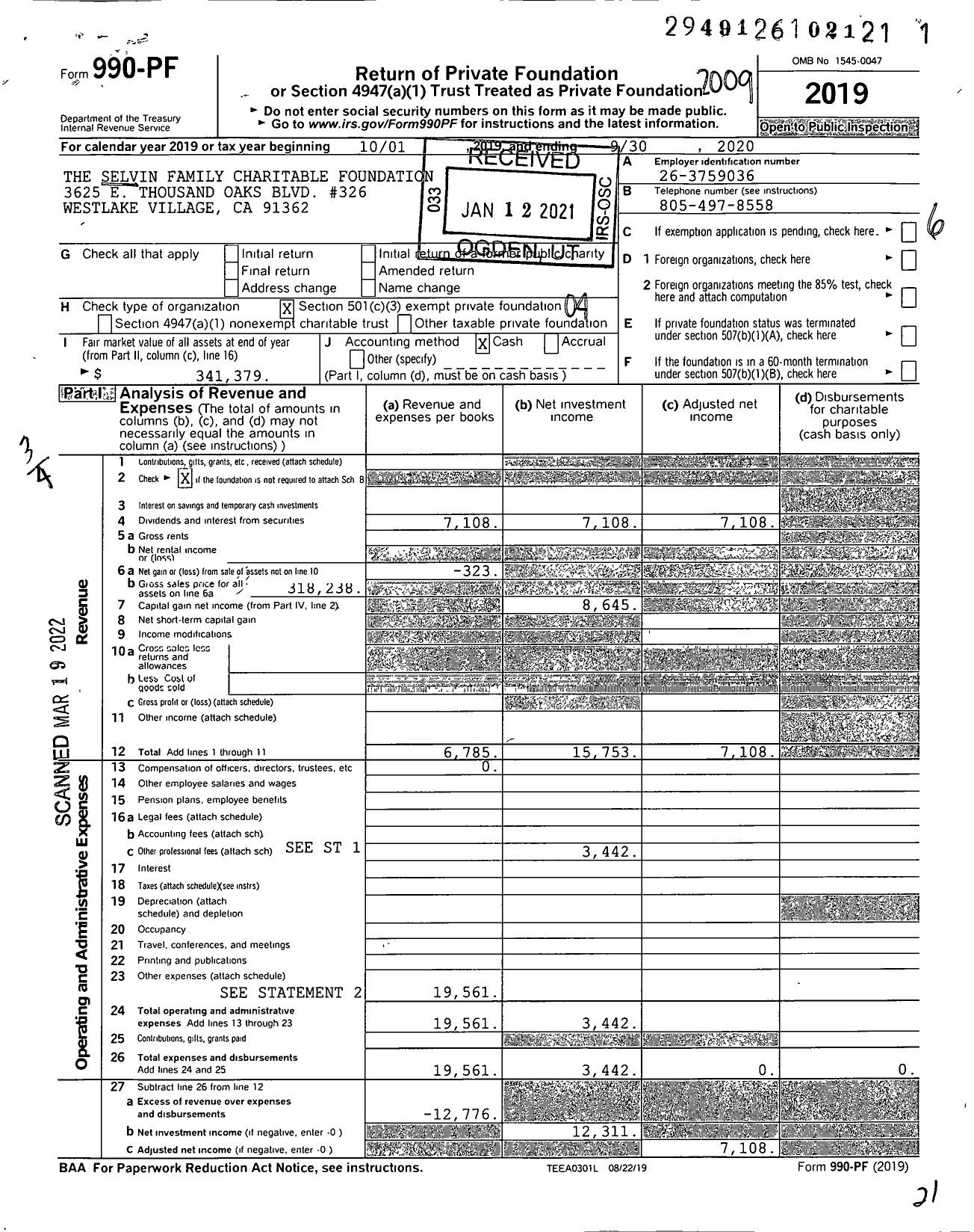 Image of first page of 2019 Form 990PF for The Selvin Family Charitable Foundation