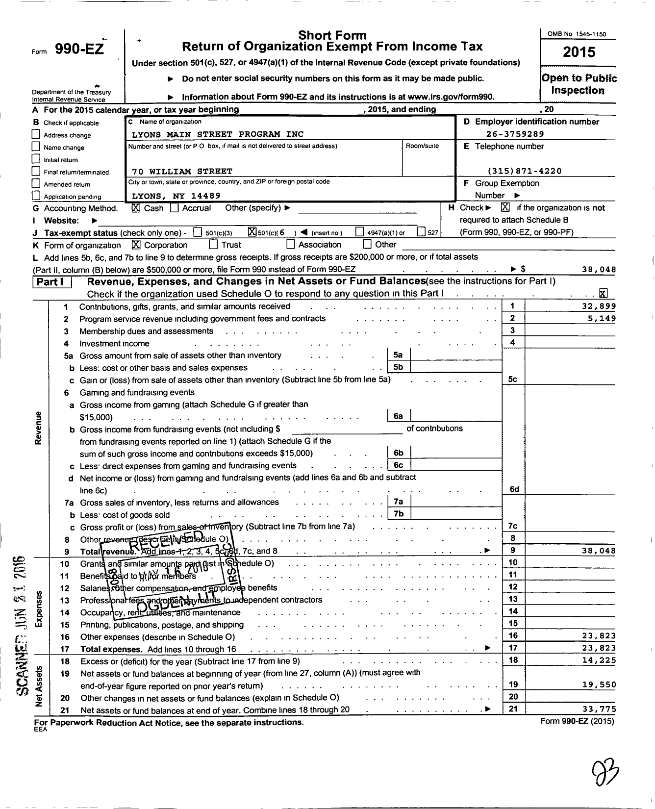 Image of first page of 2015 Form 990EO for Lyons Main Street Program