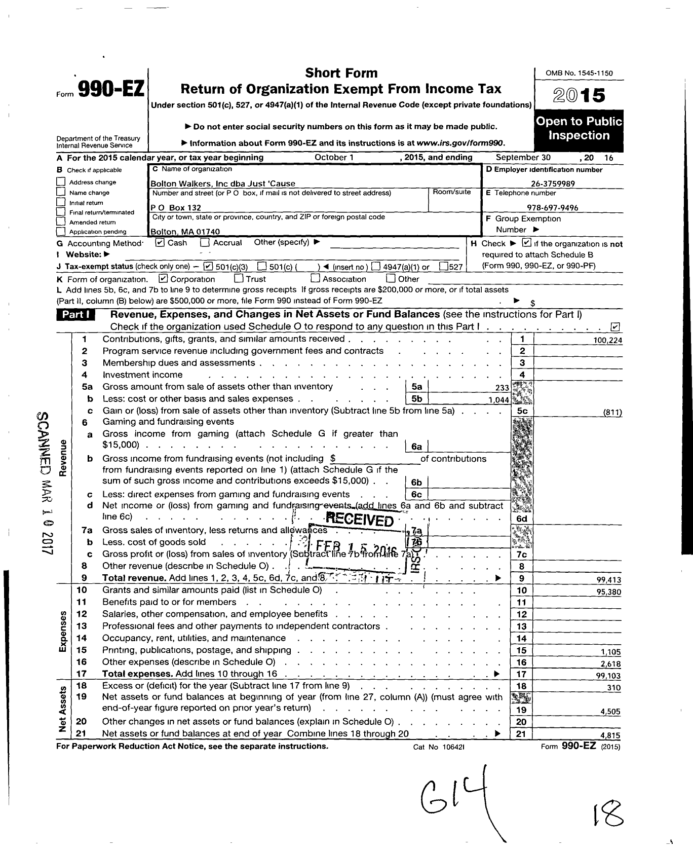 Image of first page of 2015 Form 990EZ for Bolton Walkers