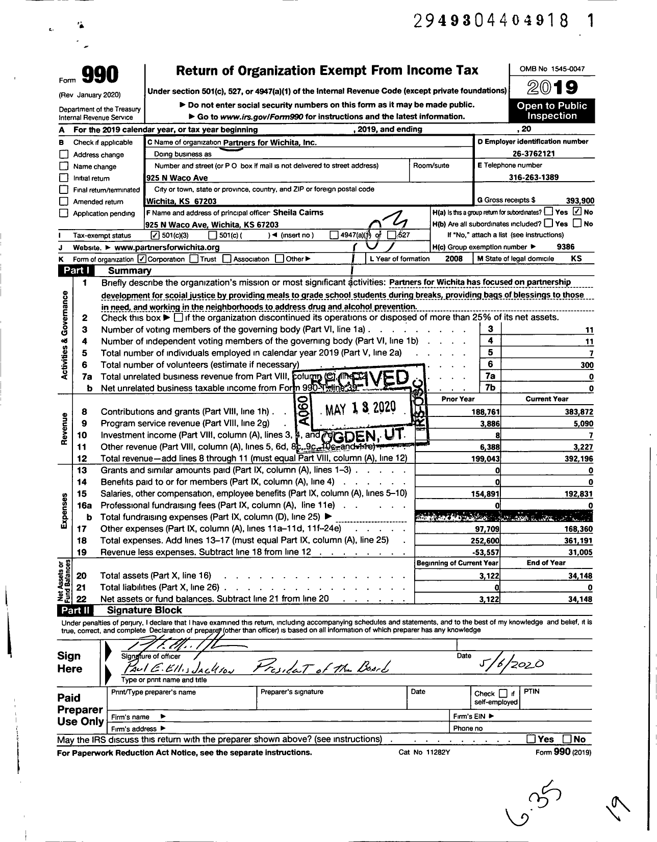 Image of first page of 2019 Form 990 for Partners for Wichita