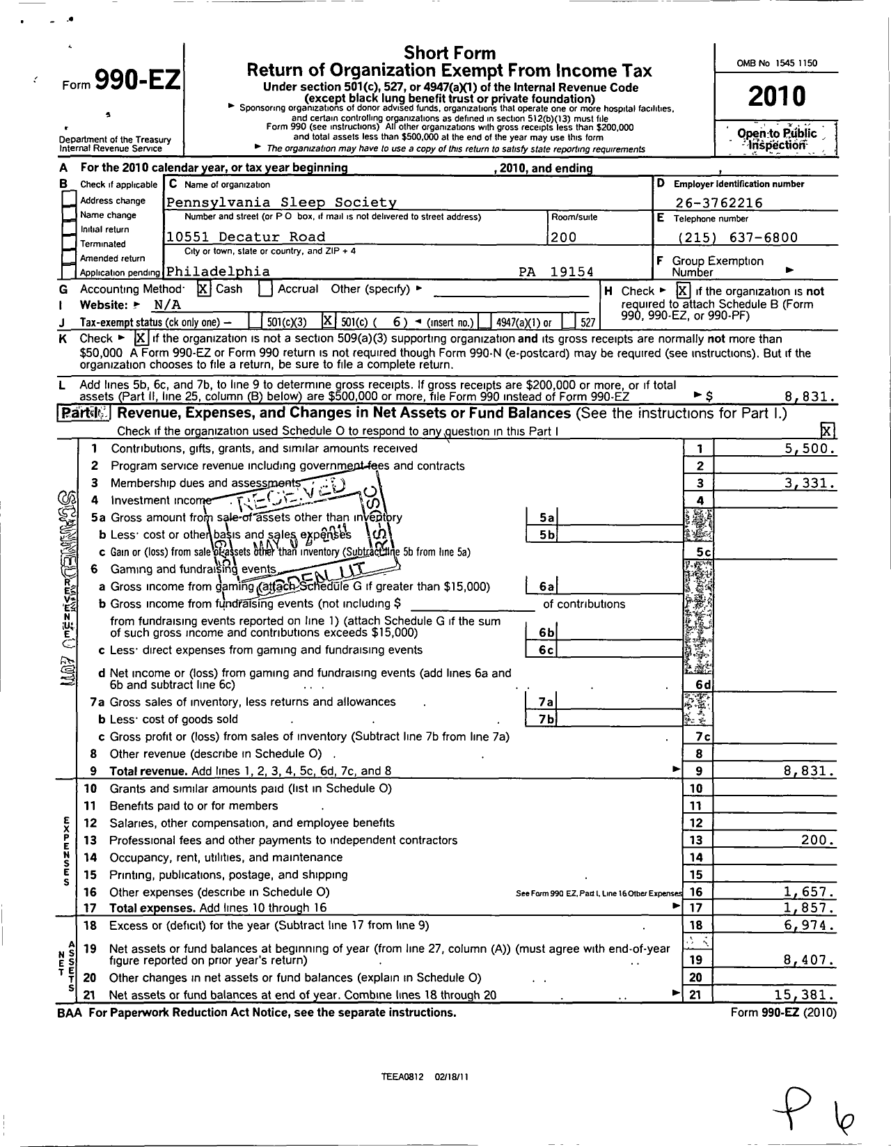 Image of first page of 2010 Form 990EO for Pennsylvania Sleep Society