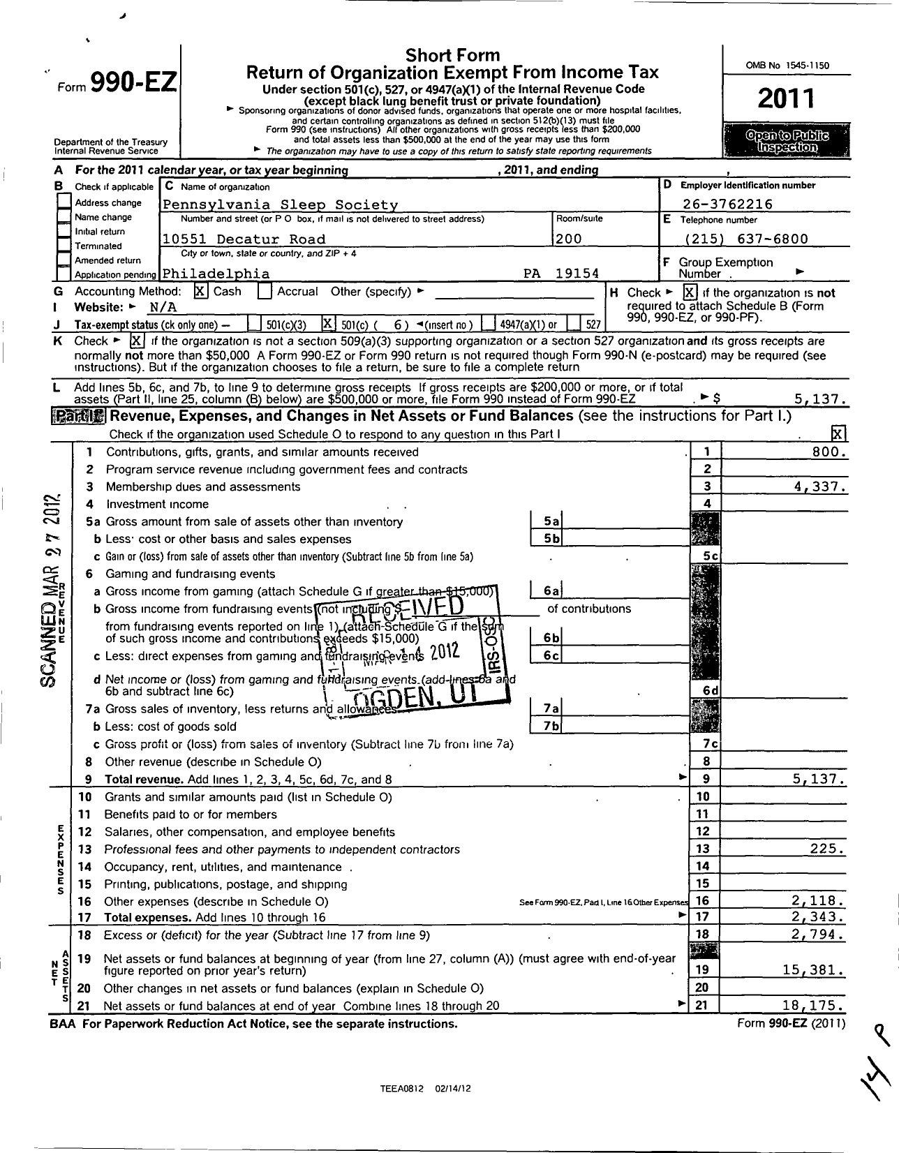 Image of first page of 2011 Form 990EO for Pennsylvania Sleep Society