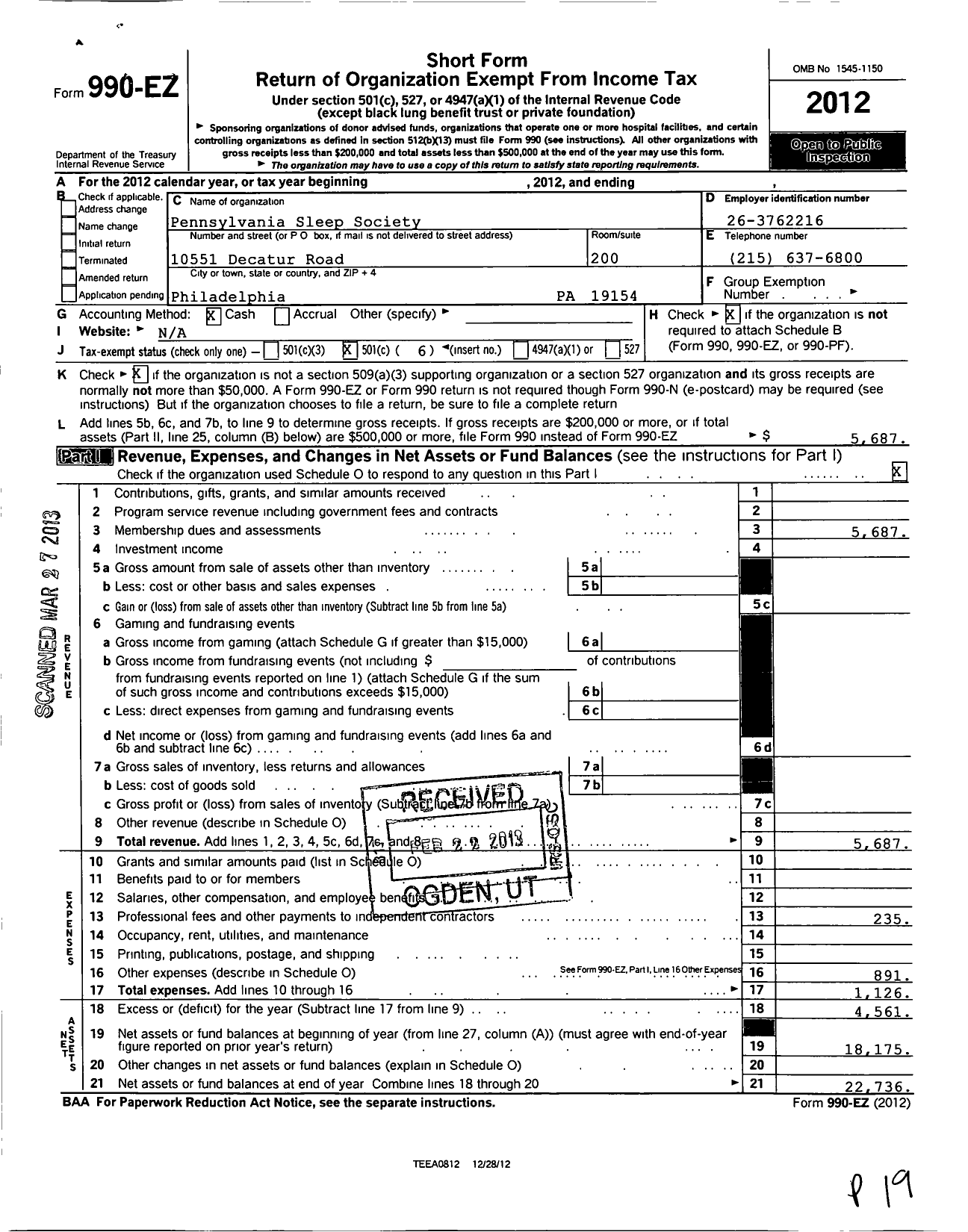 Image of first page of 2012 Form 990EO for Pennsylvania Sleep Society