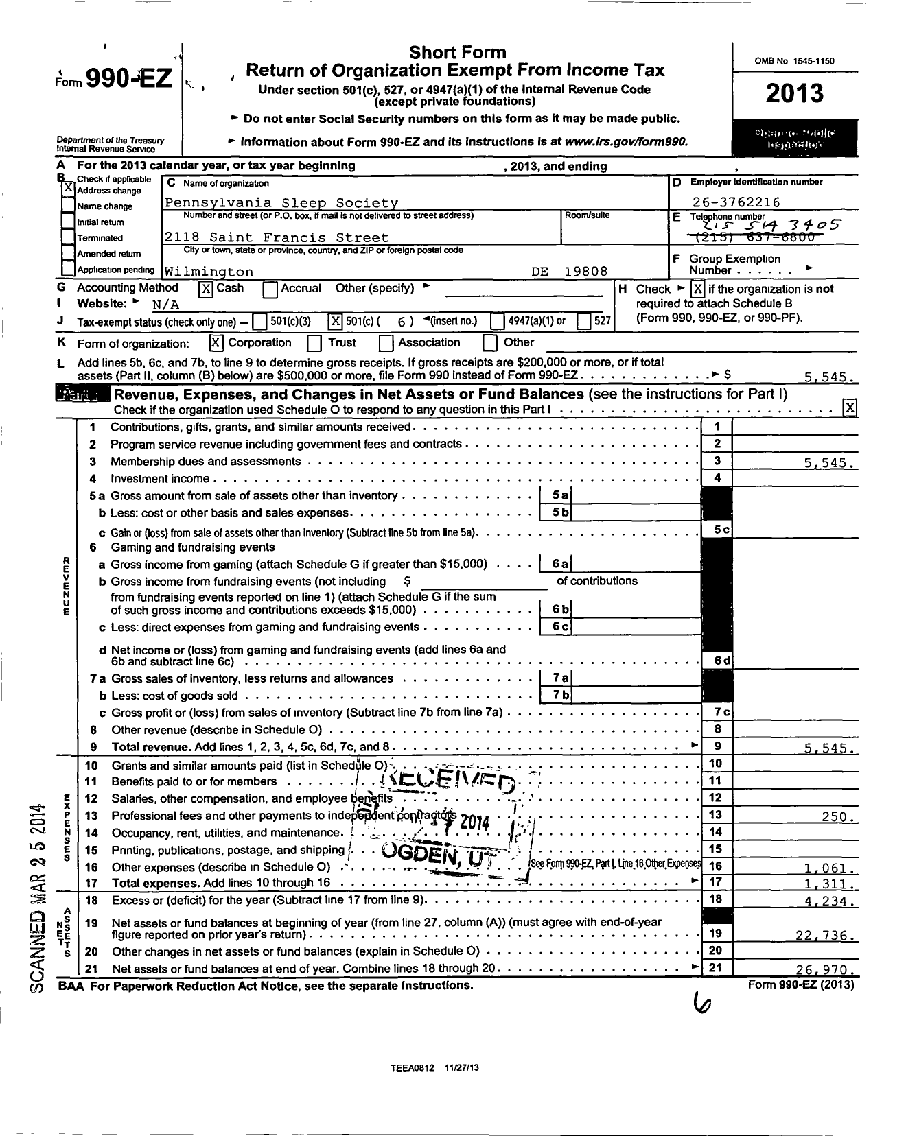 Image of first page of 2013 Form 990EO for Pennsylvania Sleep Society