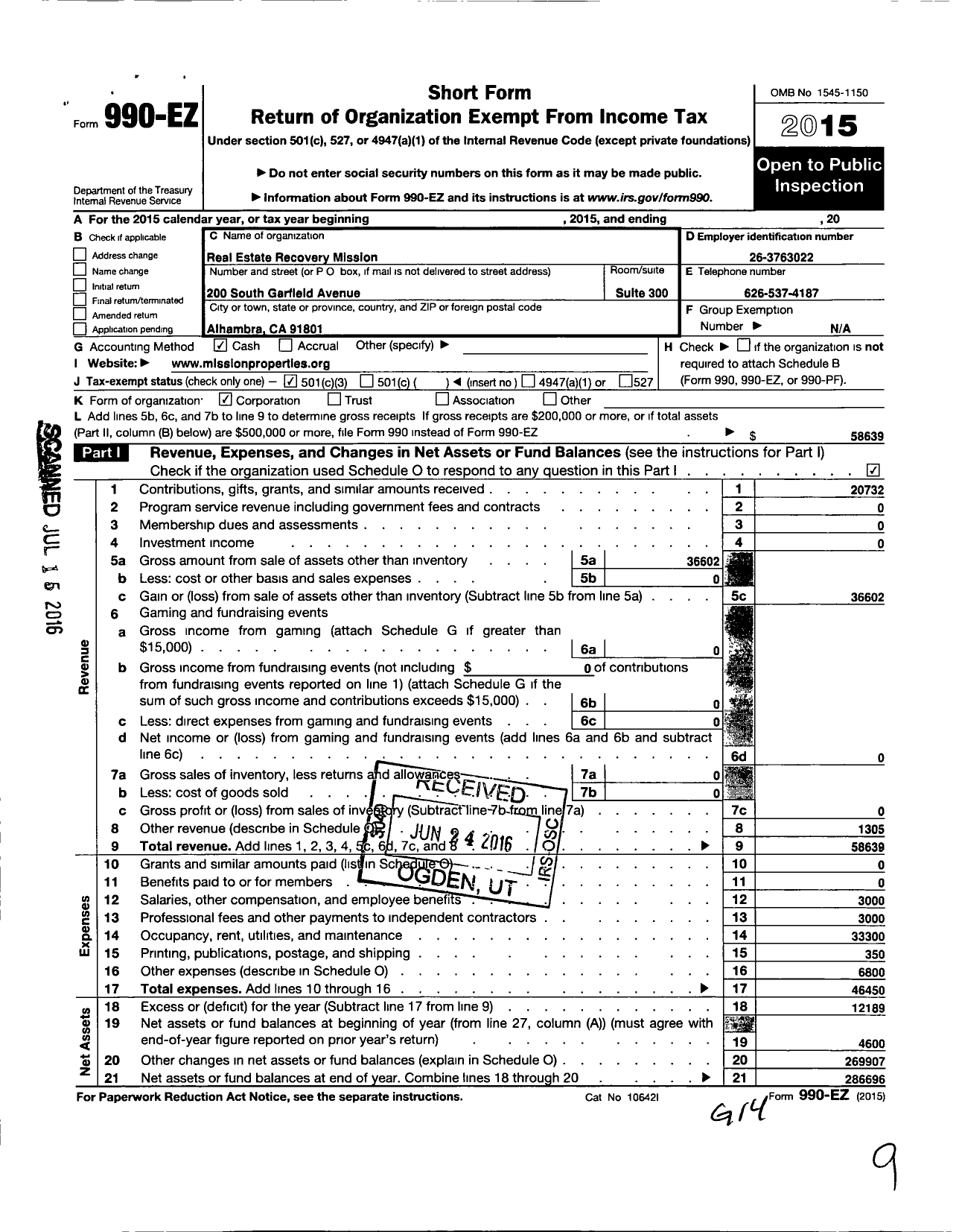 Image of first page of 2015 Form 990EZ for Real Estate Recovery Mission