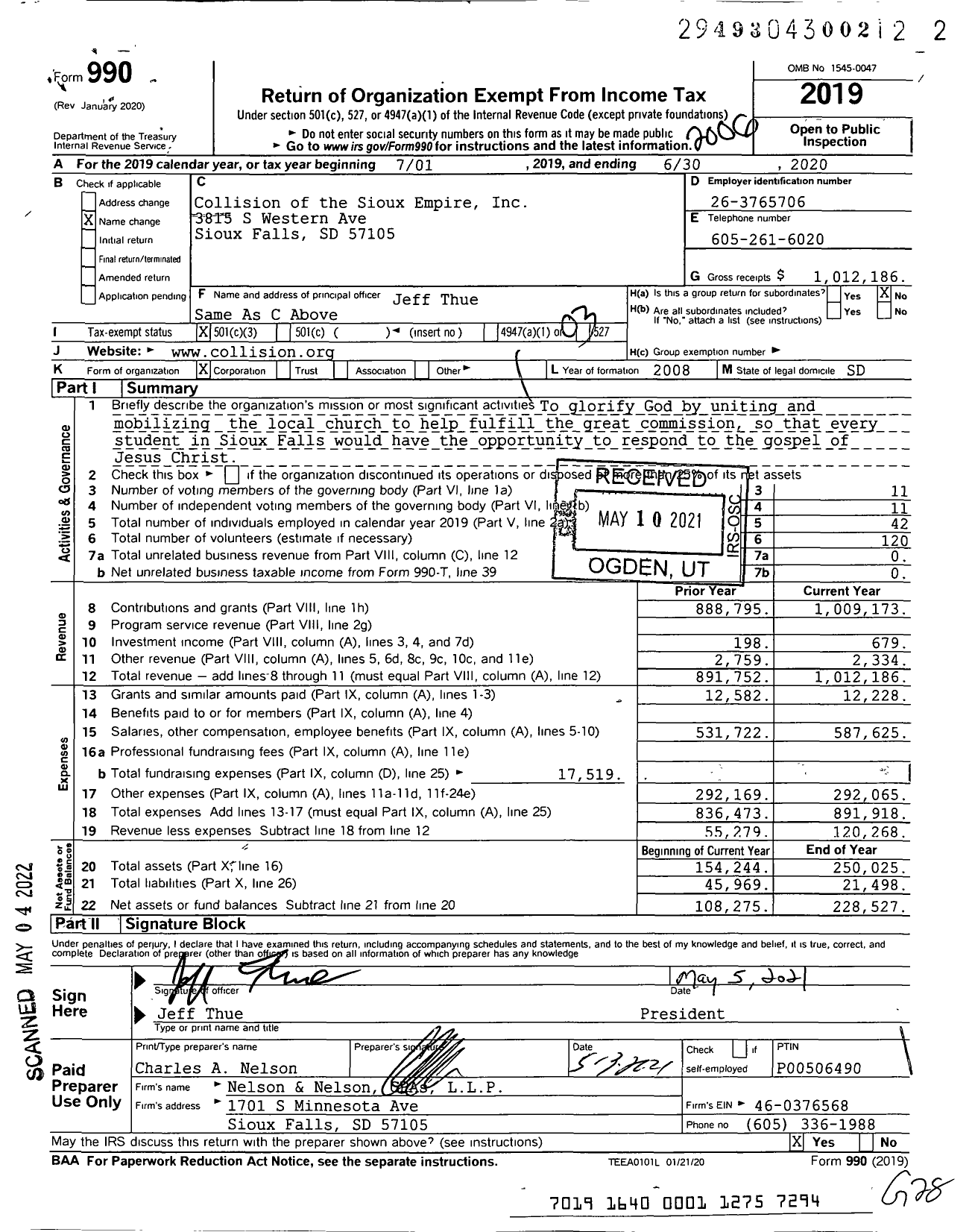 Image of first page of 2019 Form 990 for Collision Ministries