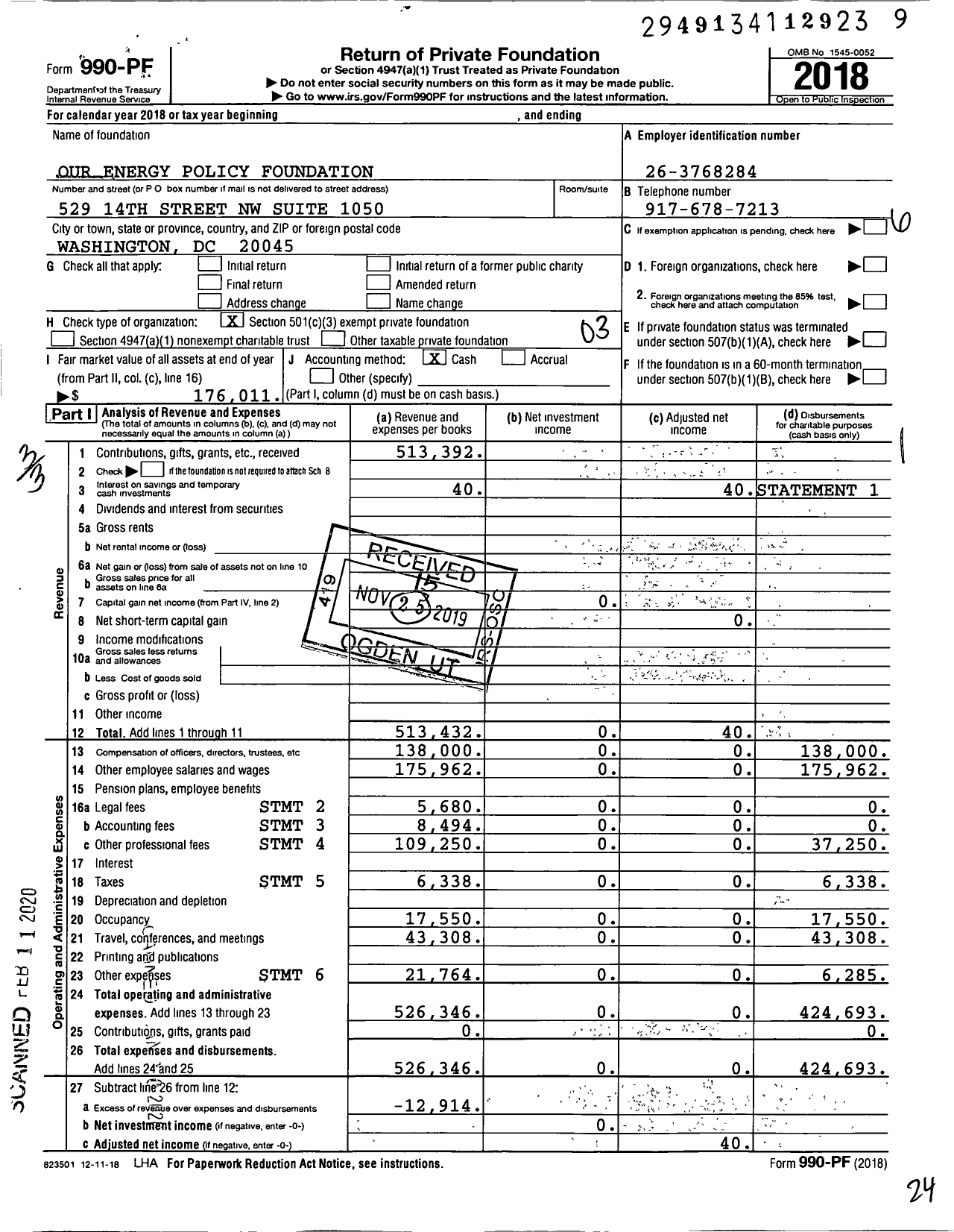 Image of first page of 2018 Form 990PF for Our Energy Policy Foundation