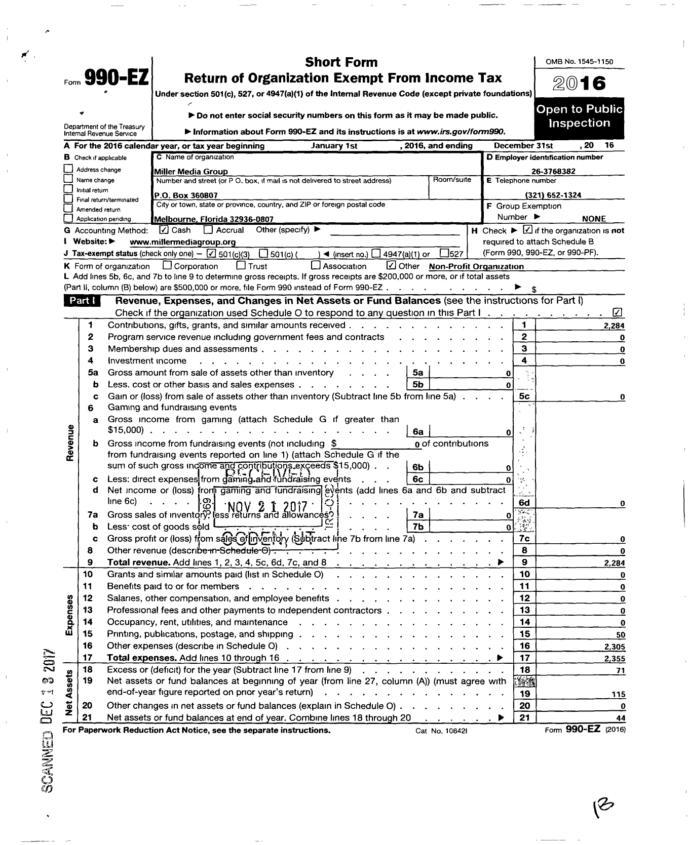 Image of first page of 2016 Form 990EZ for Miller Media Group