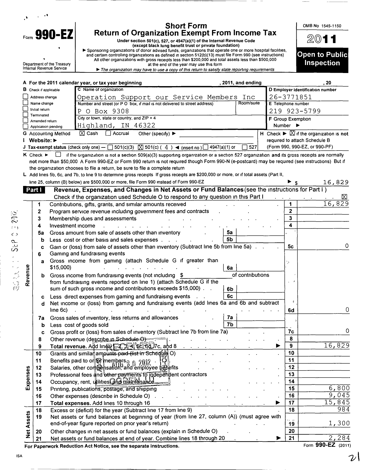 Image of first page of 2011 Form 990EO for Operation Support our Service Members