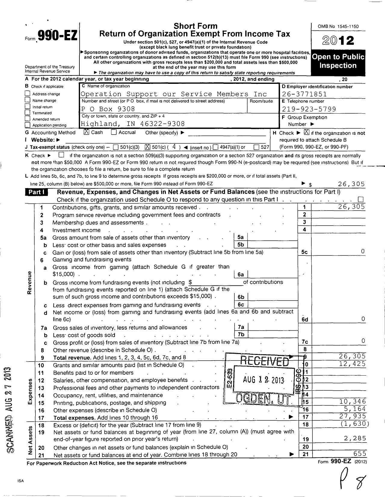 Image of first page of 2012 Form 990EO for Operation Support our Service Members