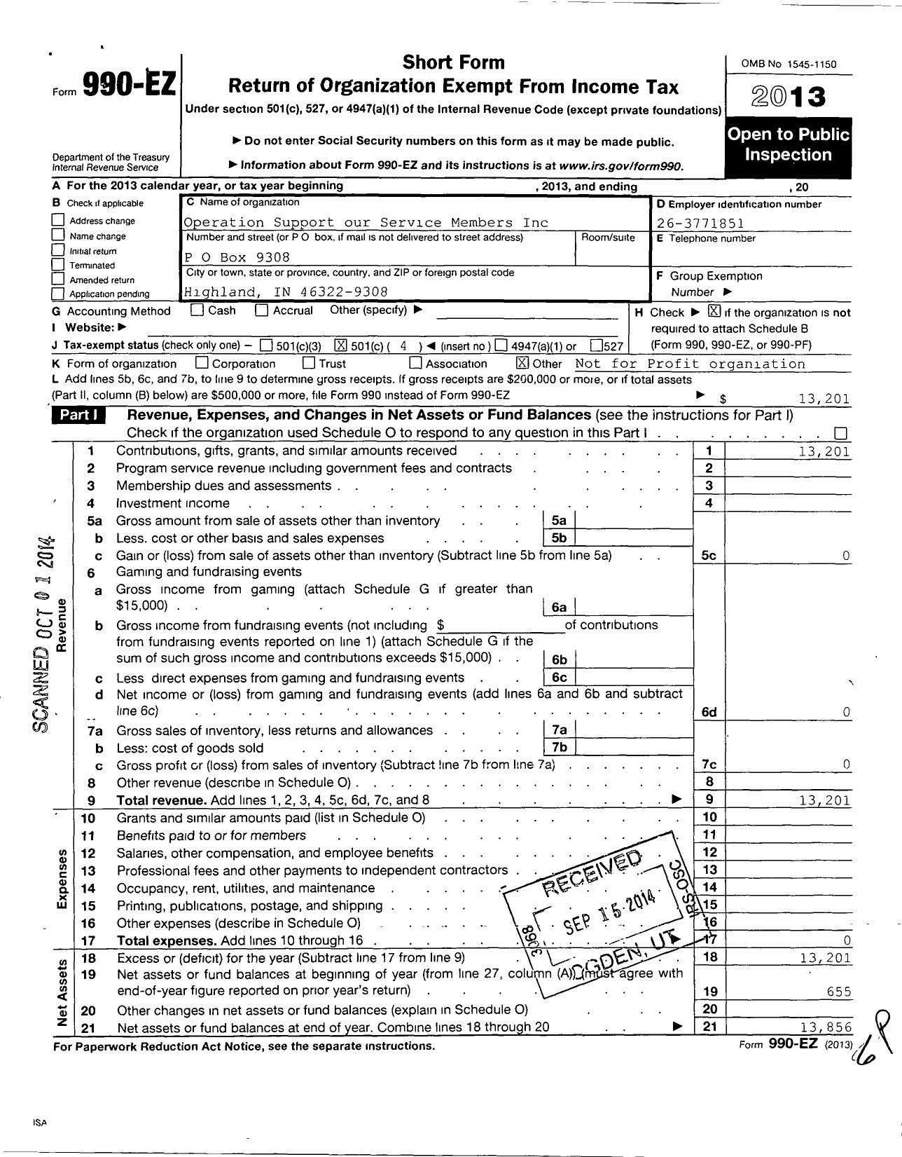 Image of first page of 2013 Form 990EO for Operation Support our Service Members