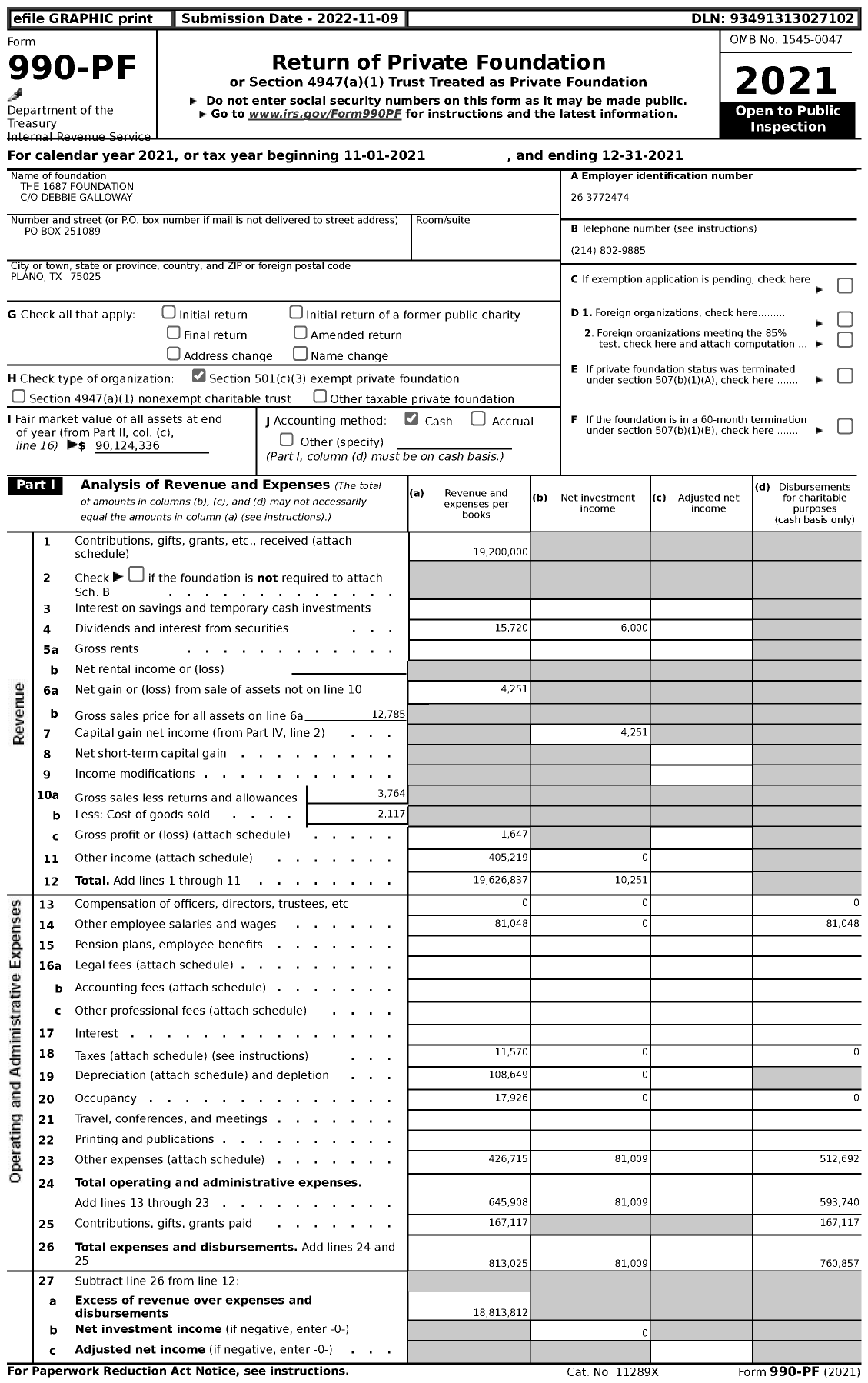 Image of first page of 2021 Form 990PF for 1687 Foundation