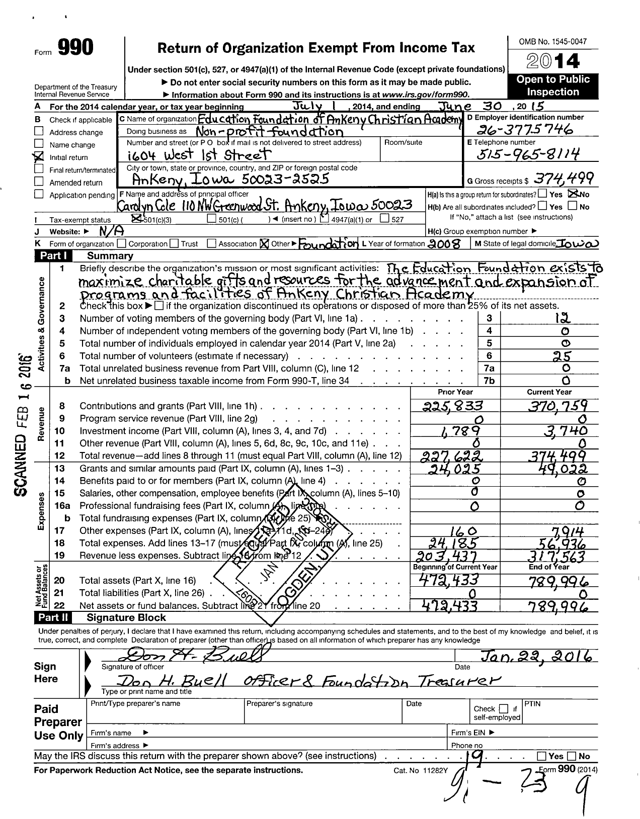 Image of first page of 2014 Form 990 for Education Foundation of Ankeny Christian Academy