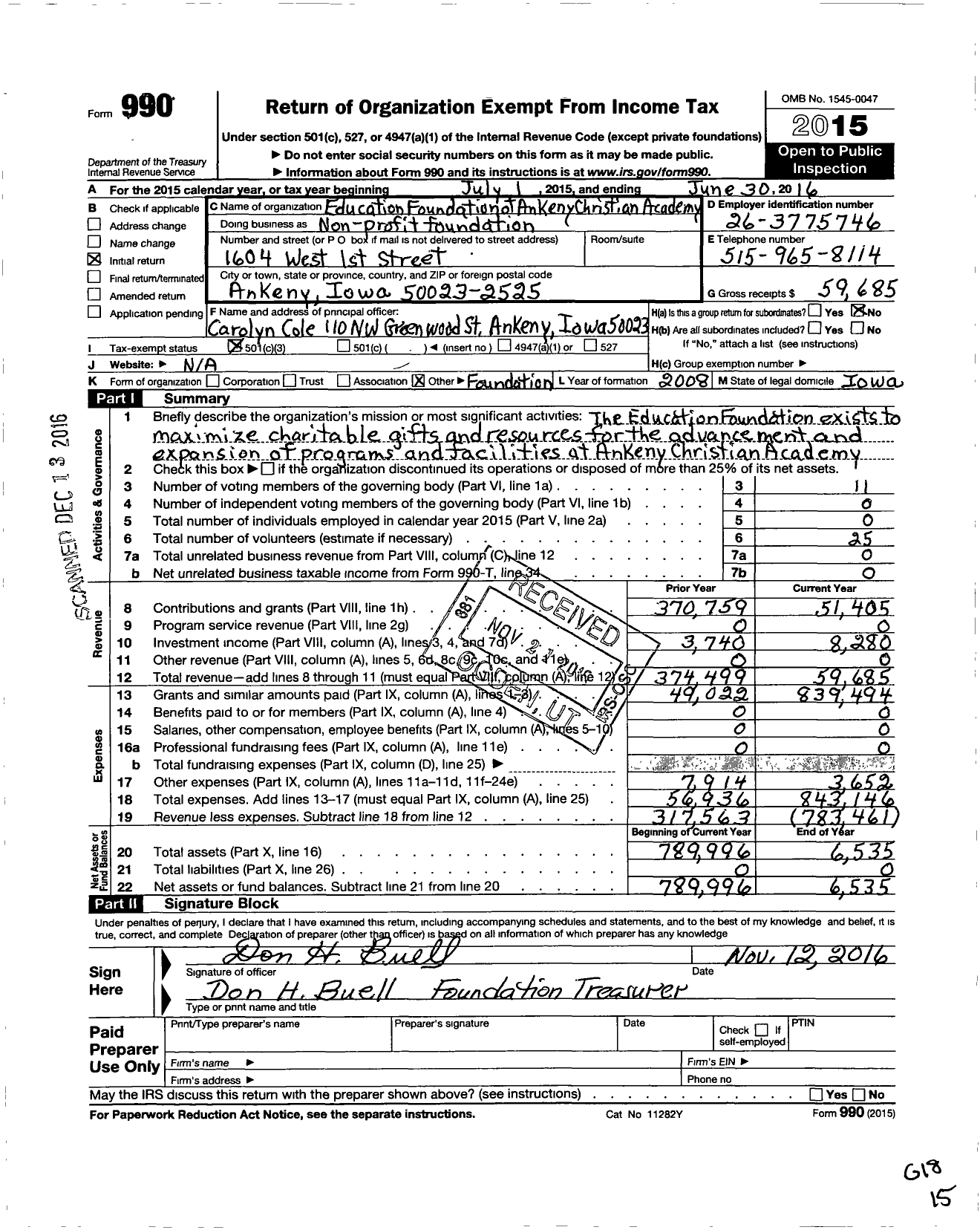 Image of first page of 2015 Form 990 for Education Foundation of Ankeny Christian Academy