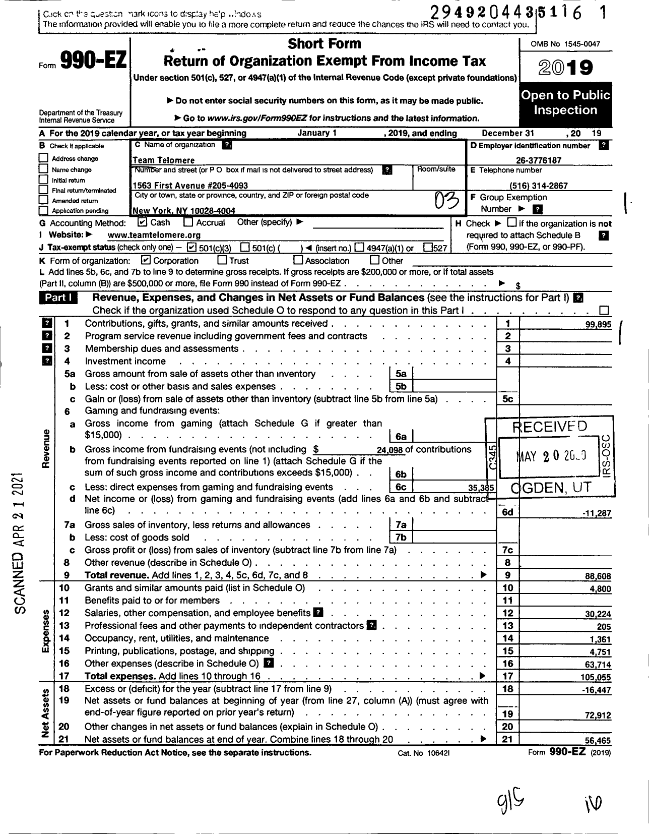 Image of first page of 2019 Form 990EZ for Team Telomere