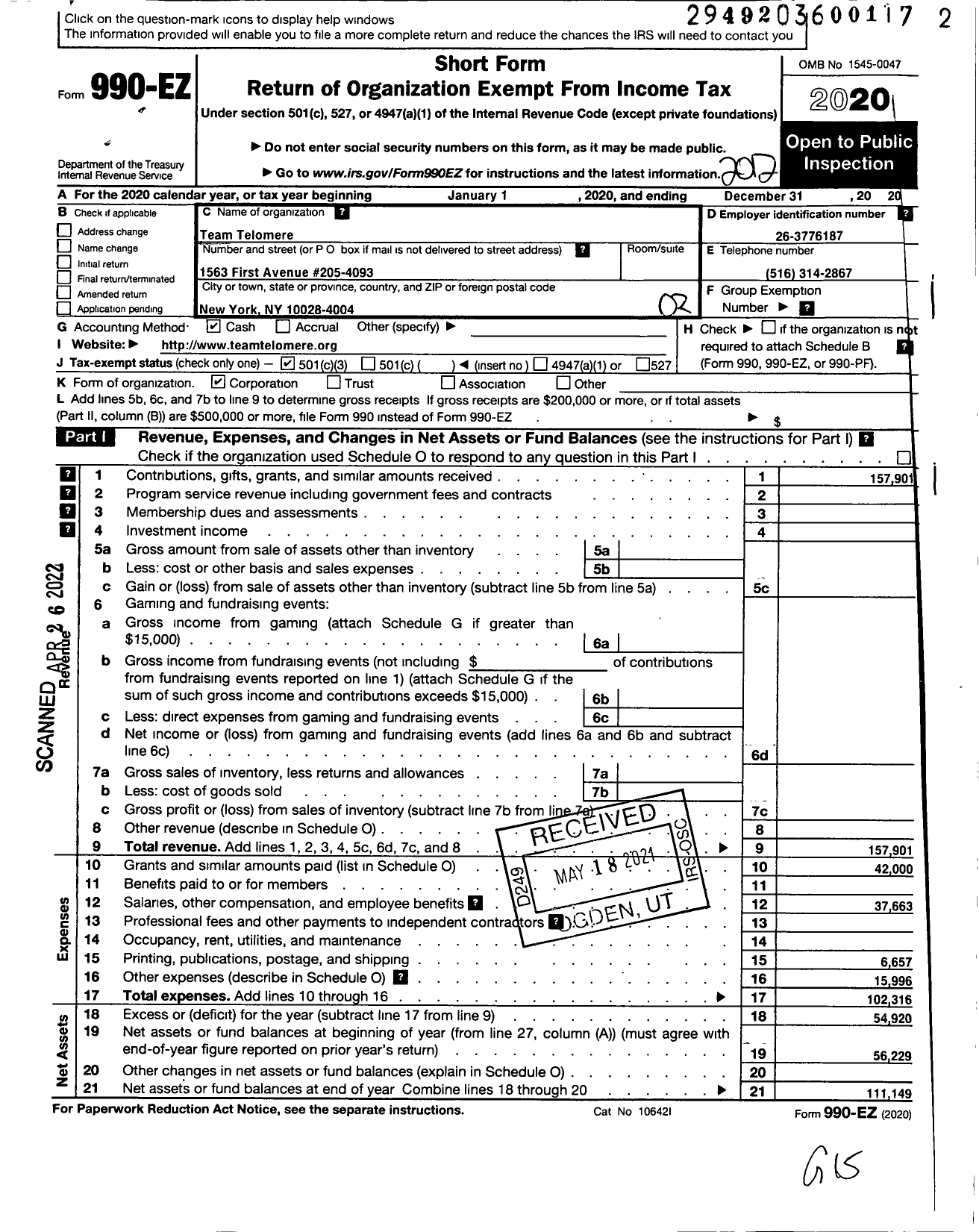 Image of first page of 2020 Form 990EZ for Team Telomere