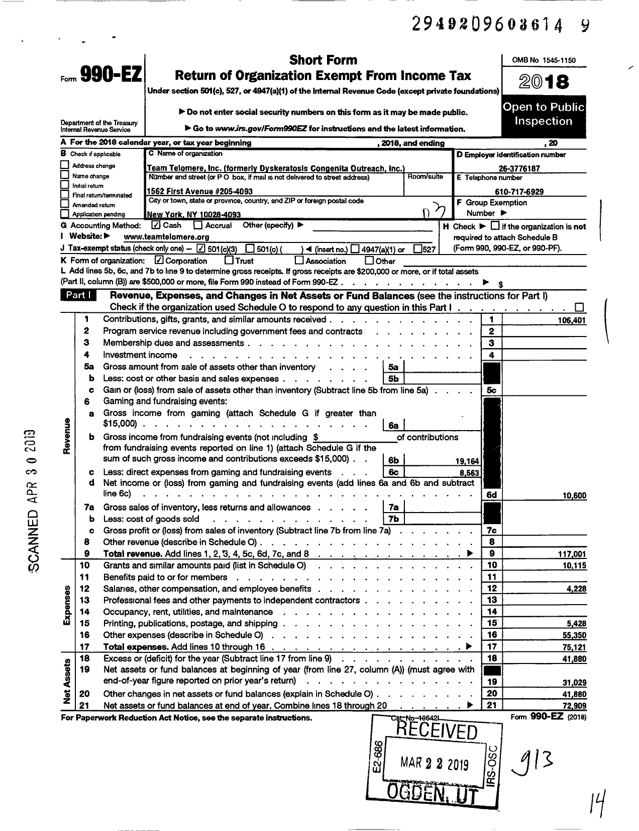 Image of first page of 2018 Form 990EZ for Team Telomere