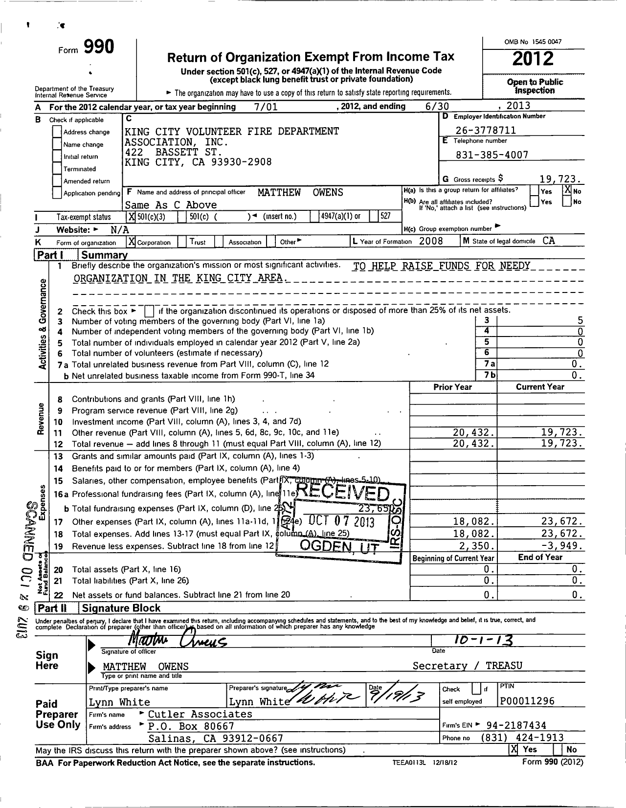 Image of first page of 2012 Form 990 for King City Volunteer Fire Department Association