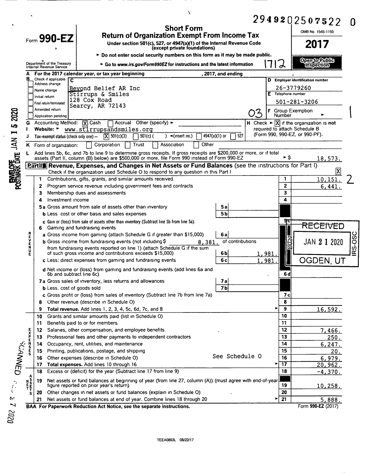 Image of first page of 2017 Form 990EZ for Beyond Belief AR