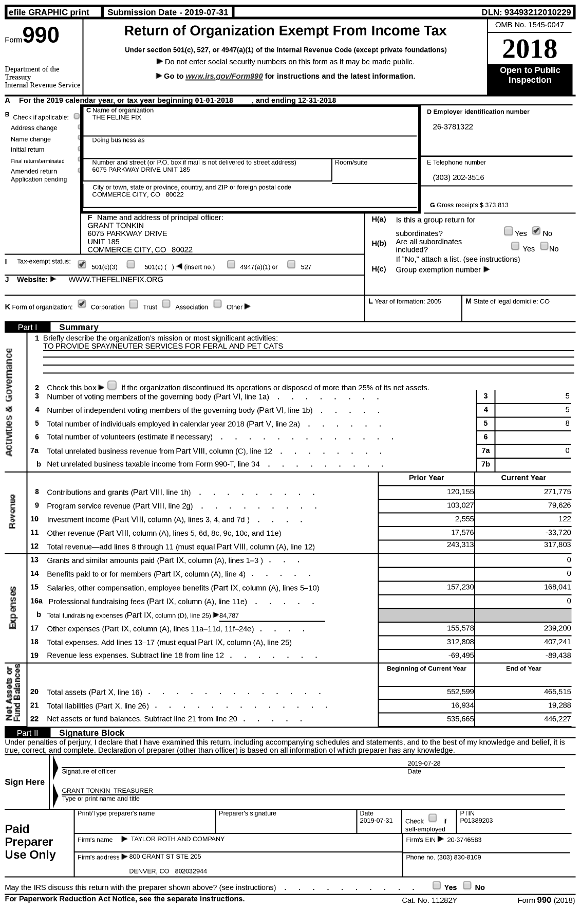 Image of first page of 2018 Form 990 for The Feline Fix