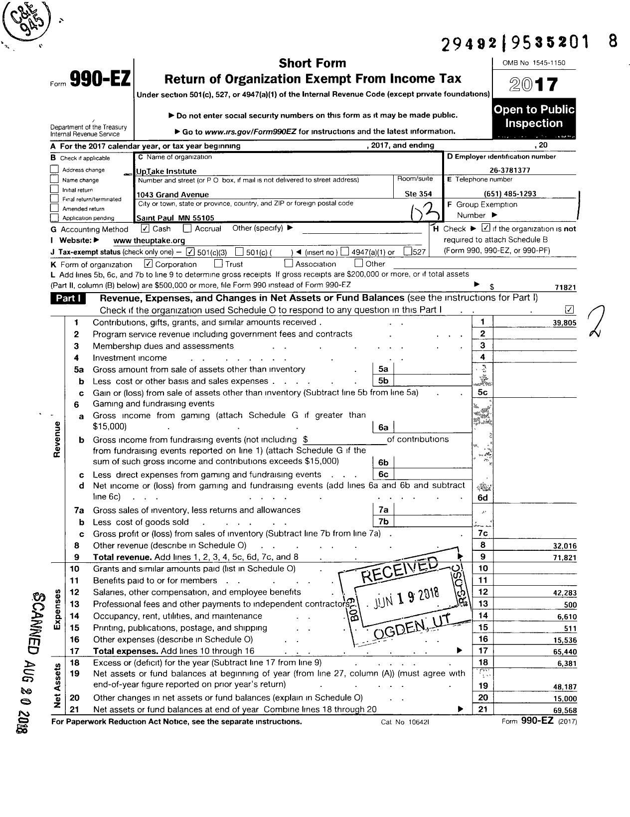 Image of first page of 2017 Form 990EZ for Uptake Institute