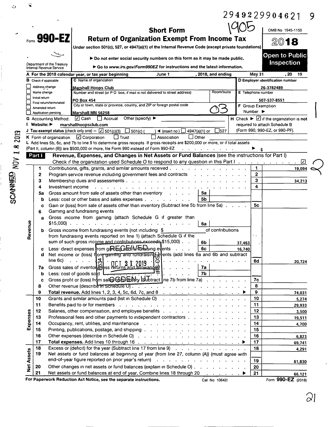 Image of first page of 2018 Form 990EZ for Marshall Hoops Club