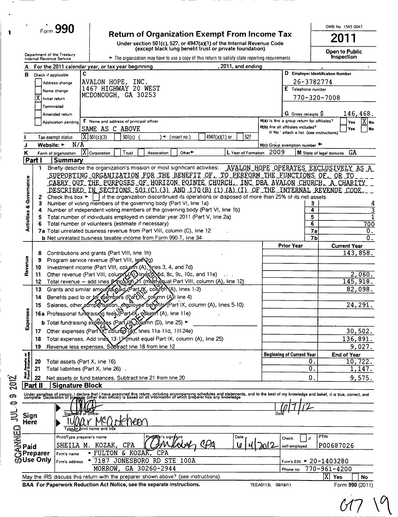 Image of first page of 2011 Form 990 for Avalon Hope