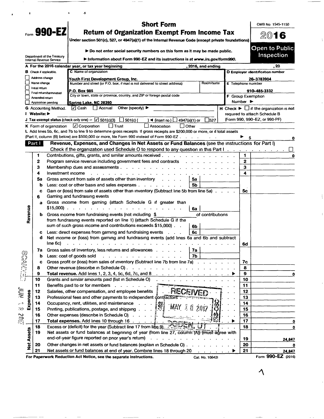 Image of first page of 2016 Form 990EZ for Youth First Development Group