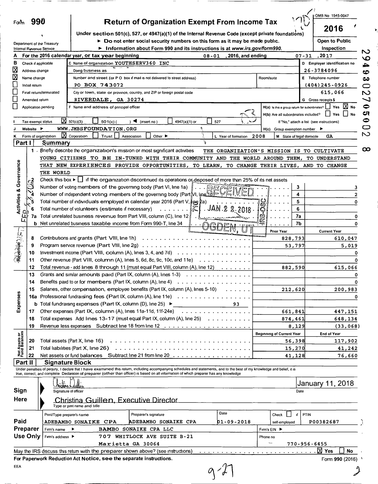 Image of first page of 2016 Form 990 for Youthserv360