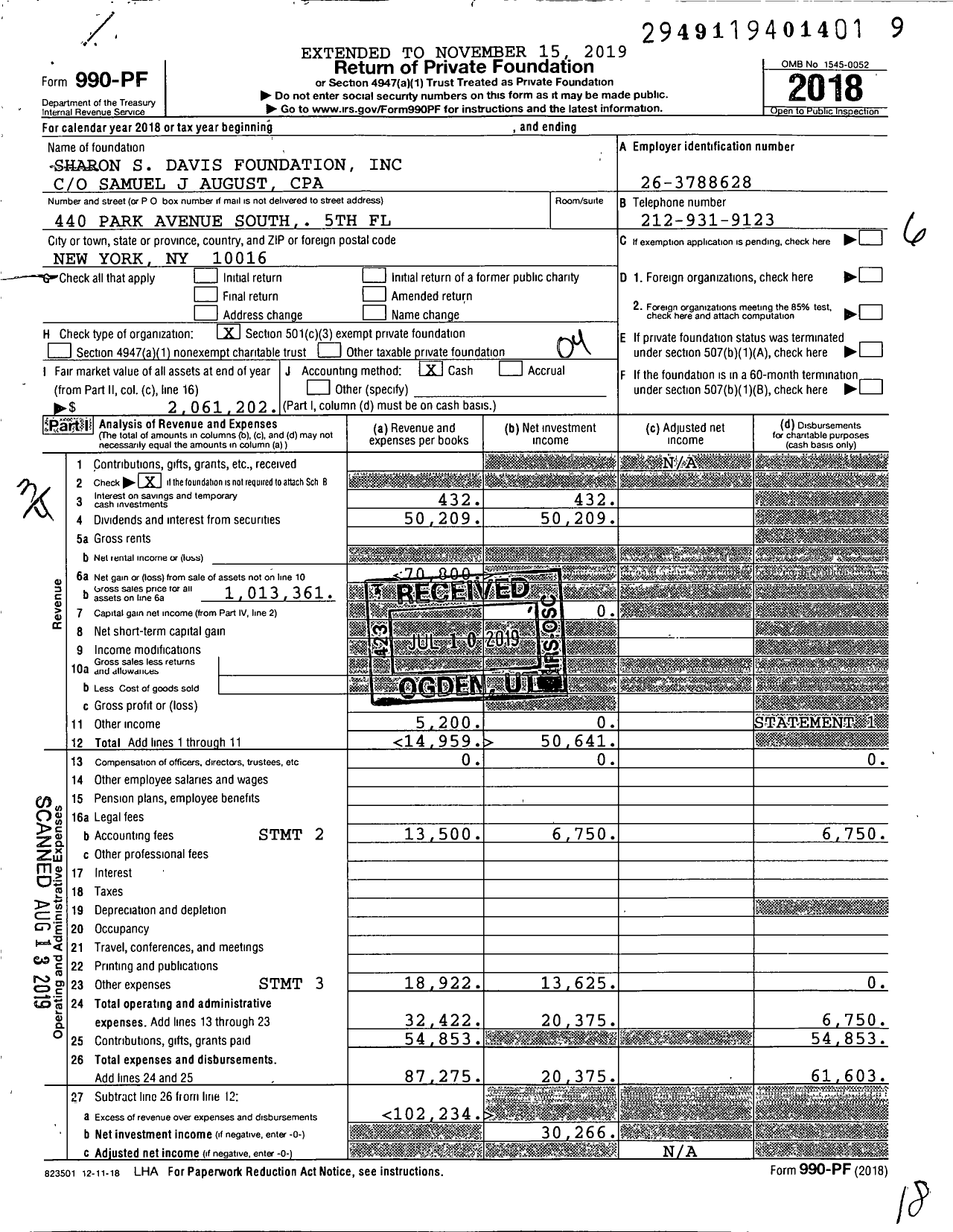 Image of first page of 2018 Form 990PF for Sharon S Davis Foundation