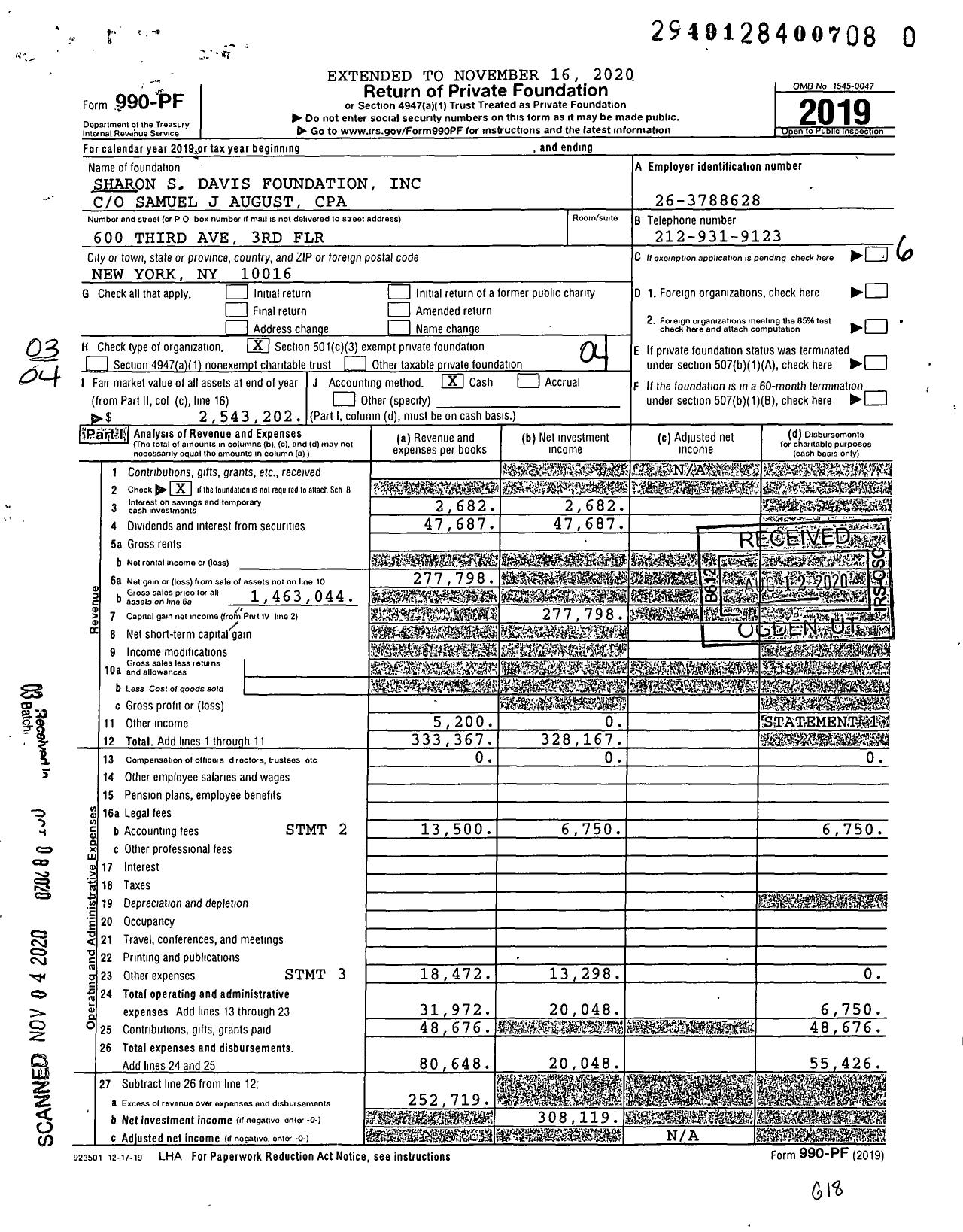 Image of first page of 2019 Form 990PF for Sharon S Davis Foundation