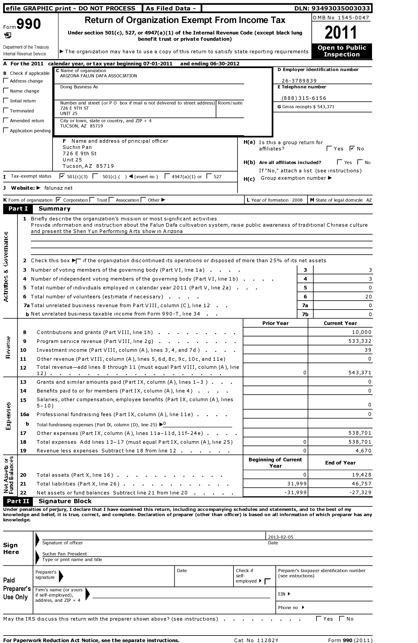 Image of first page of 2011 Form 990 for Arizona Falun Dafa Association