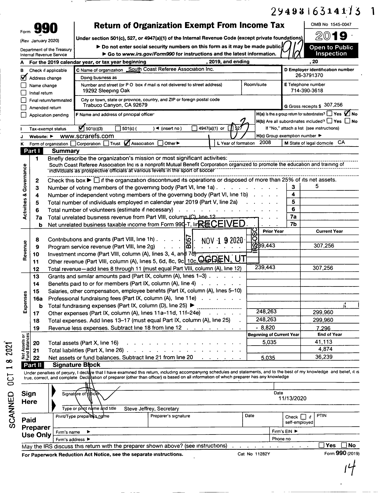 Image of first page of 2019 Form 990 for South Coast Referee Association