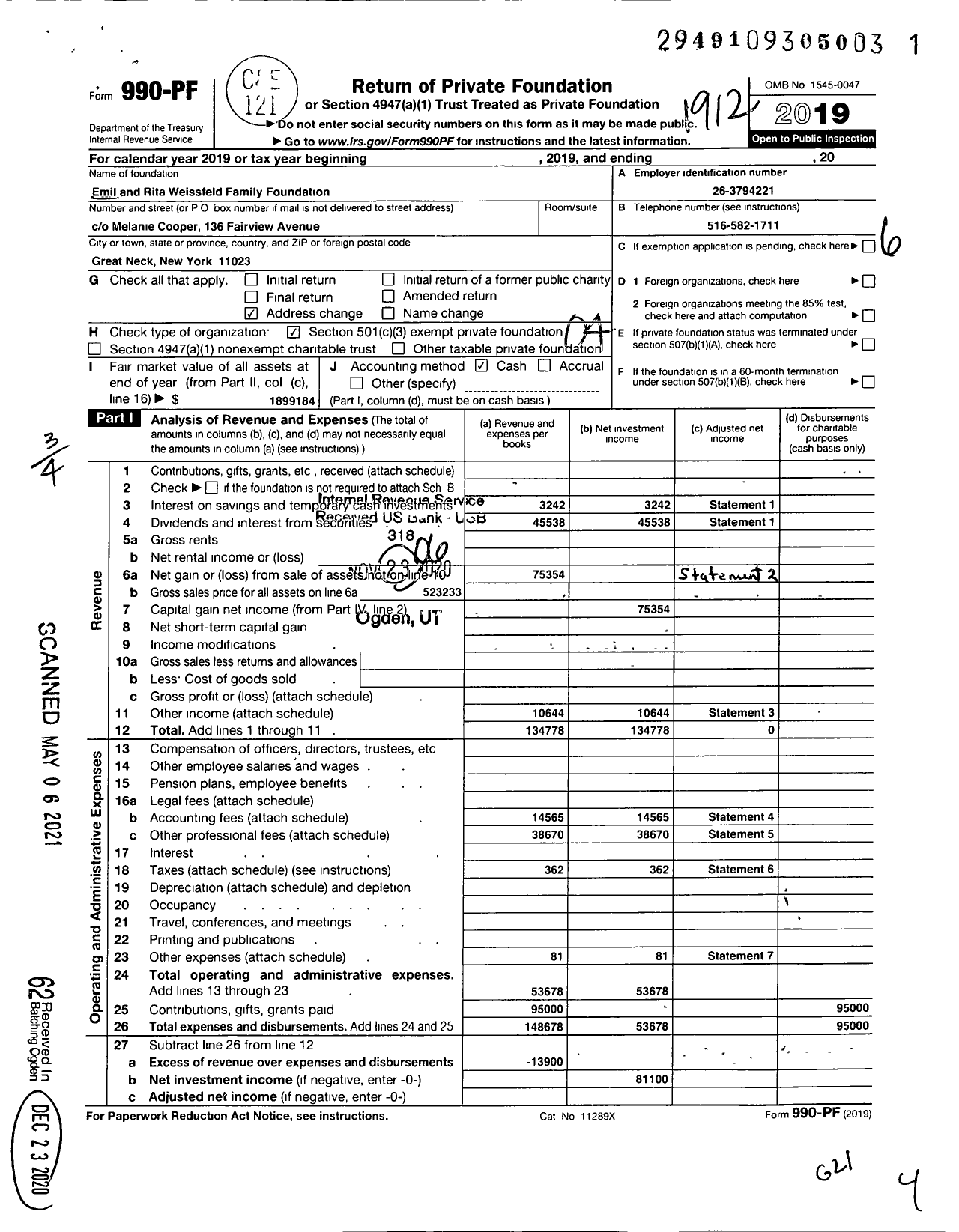 Image of first page of 2019 Form 990PF for Emil and Rita Weissfeld Family Foundation