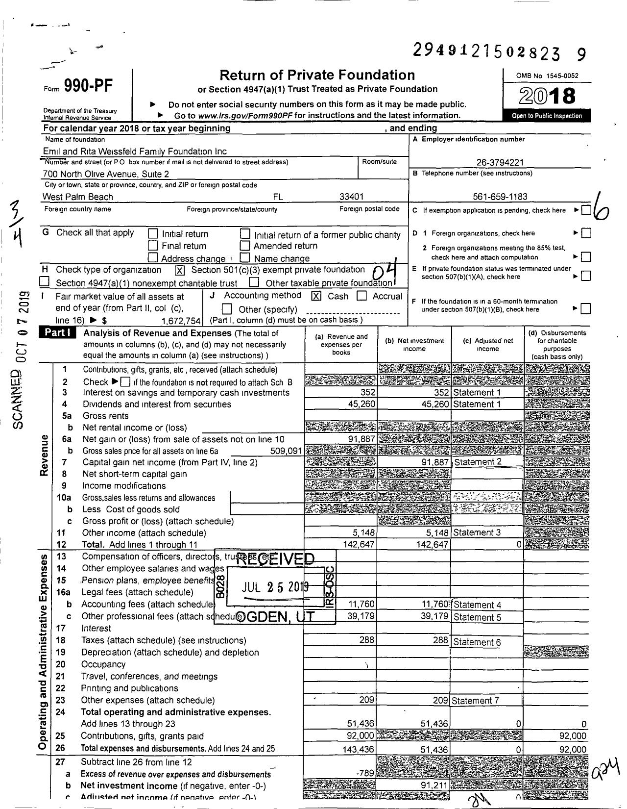 Image of first page of 2018 Form 990PF for Emil and Rita Weissfeld Family Foundation