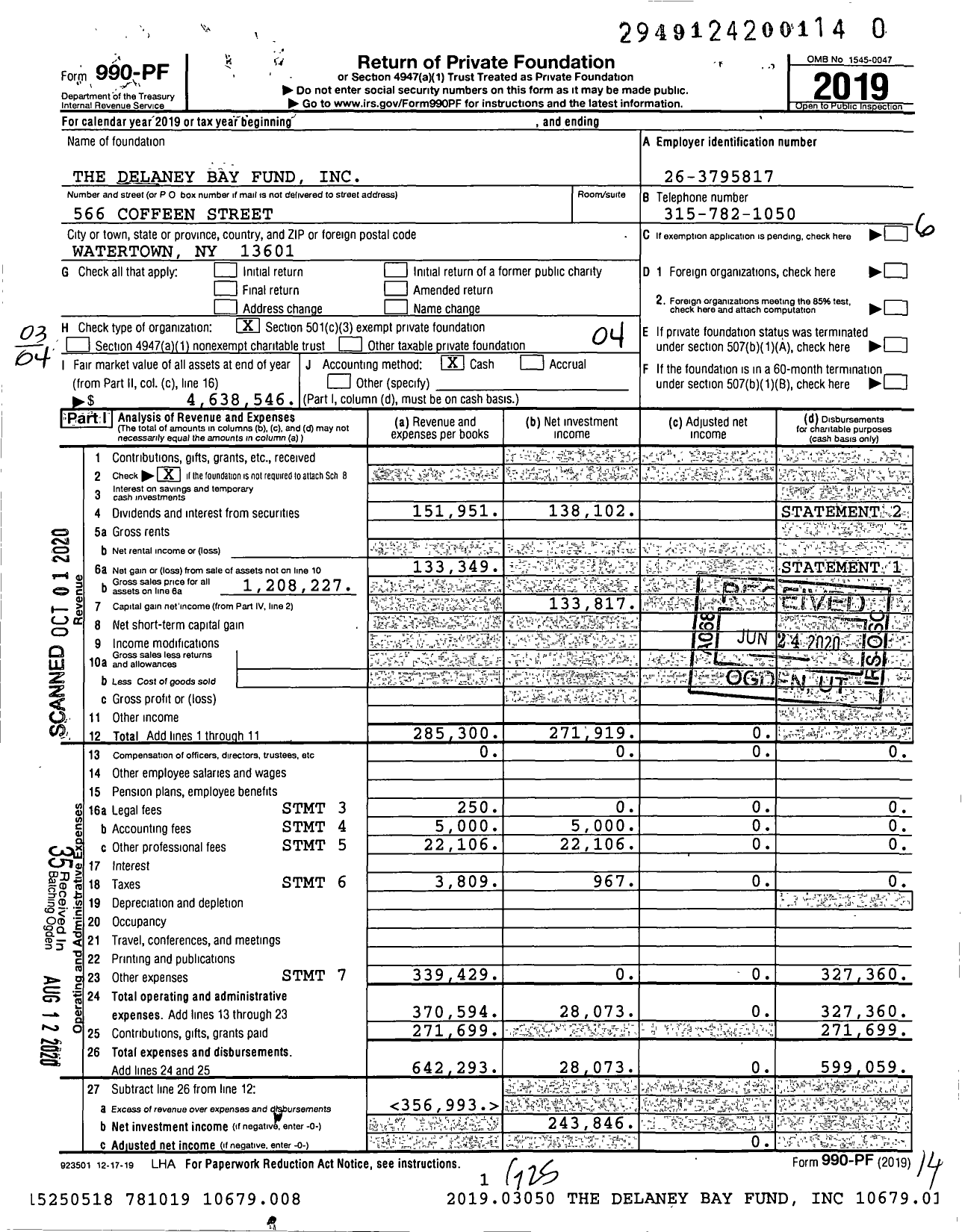 Image of first page of 2019 Form 990PR for The Delaney Bay Fund