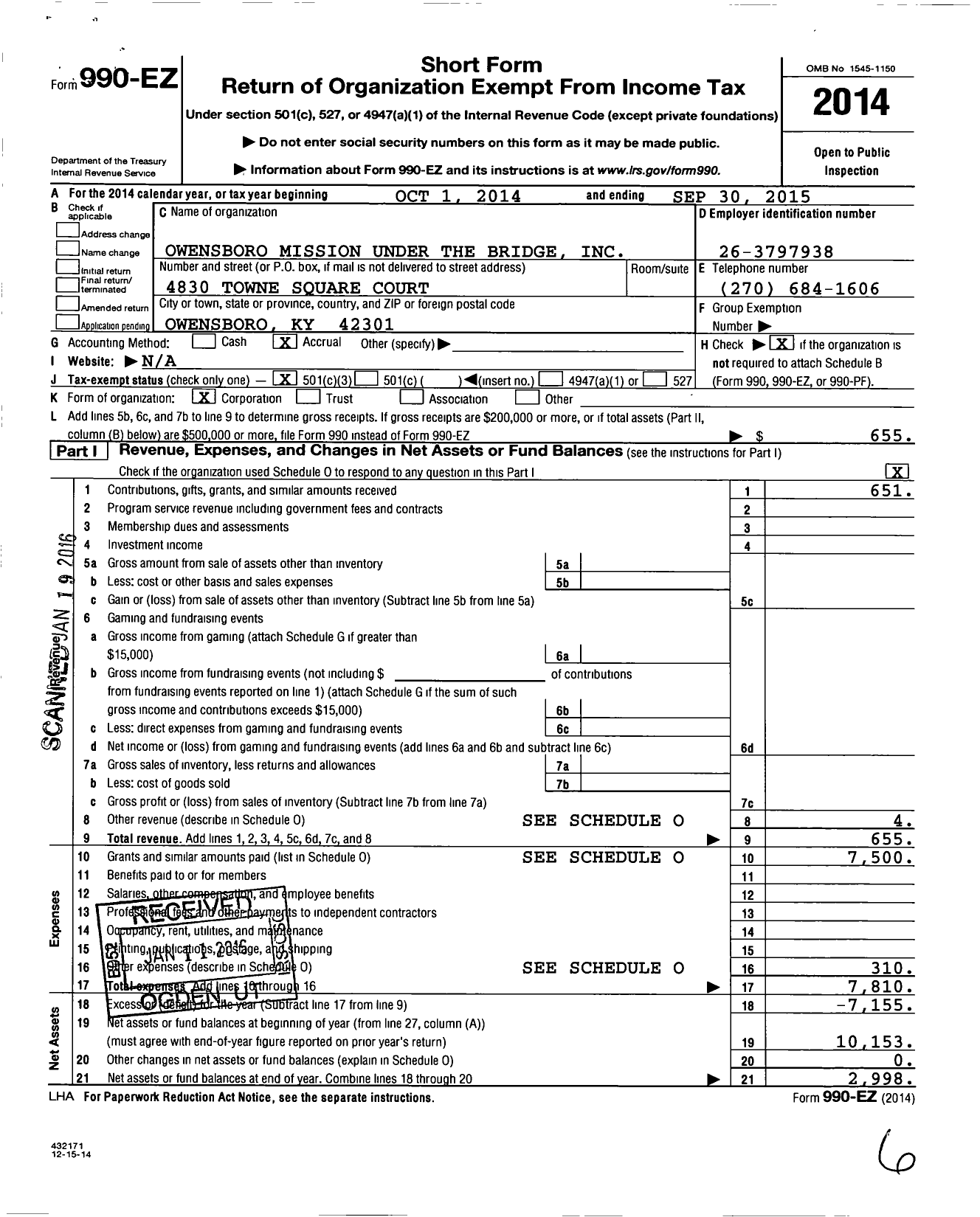 Image of first page of 2014 Form 990EZ for Owensboro Mission Under the Bridge