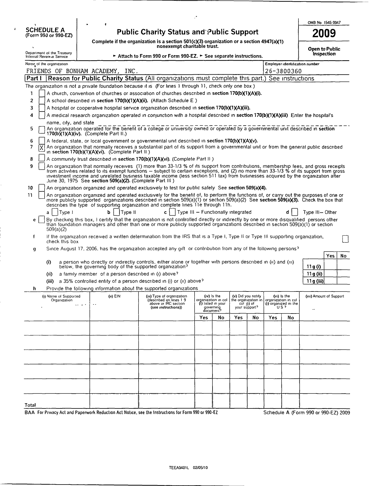 Image of first page of 2009 Form 990ER for Fba Friends of Bonham Academy