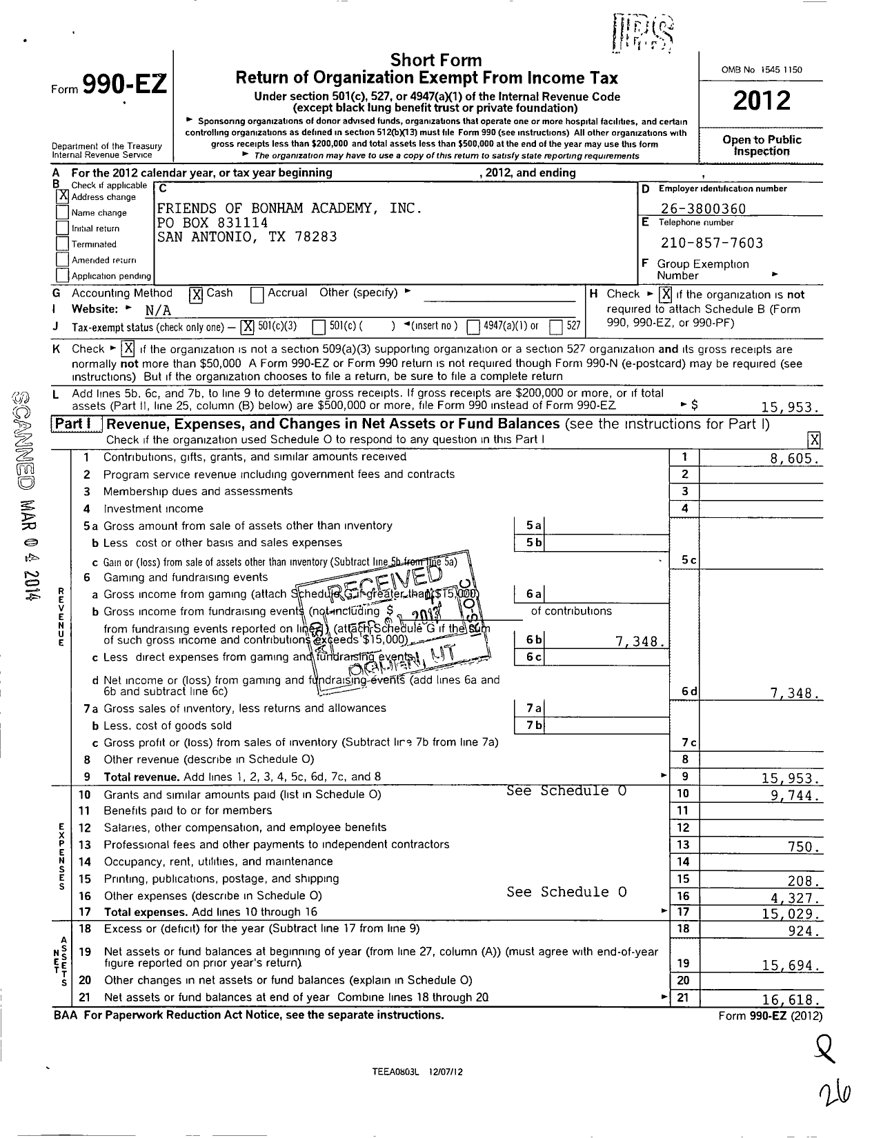 Image of first page of 2012 Form 990EZ for Fba Friends of Bonham Academy