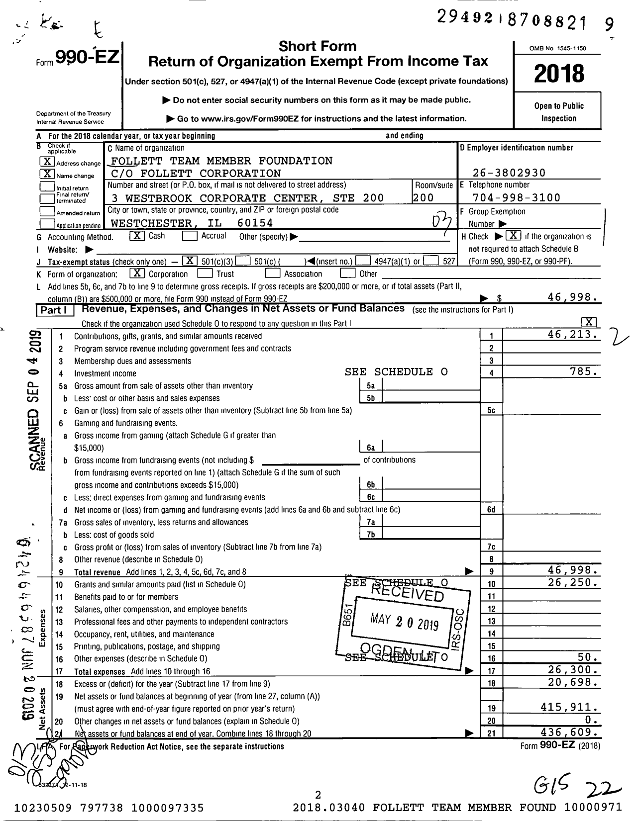 Image of first page of 2018 Form 990EZ for Follett Team Member Foundation